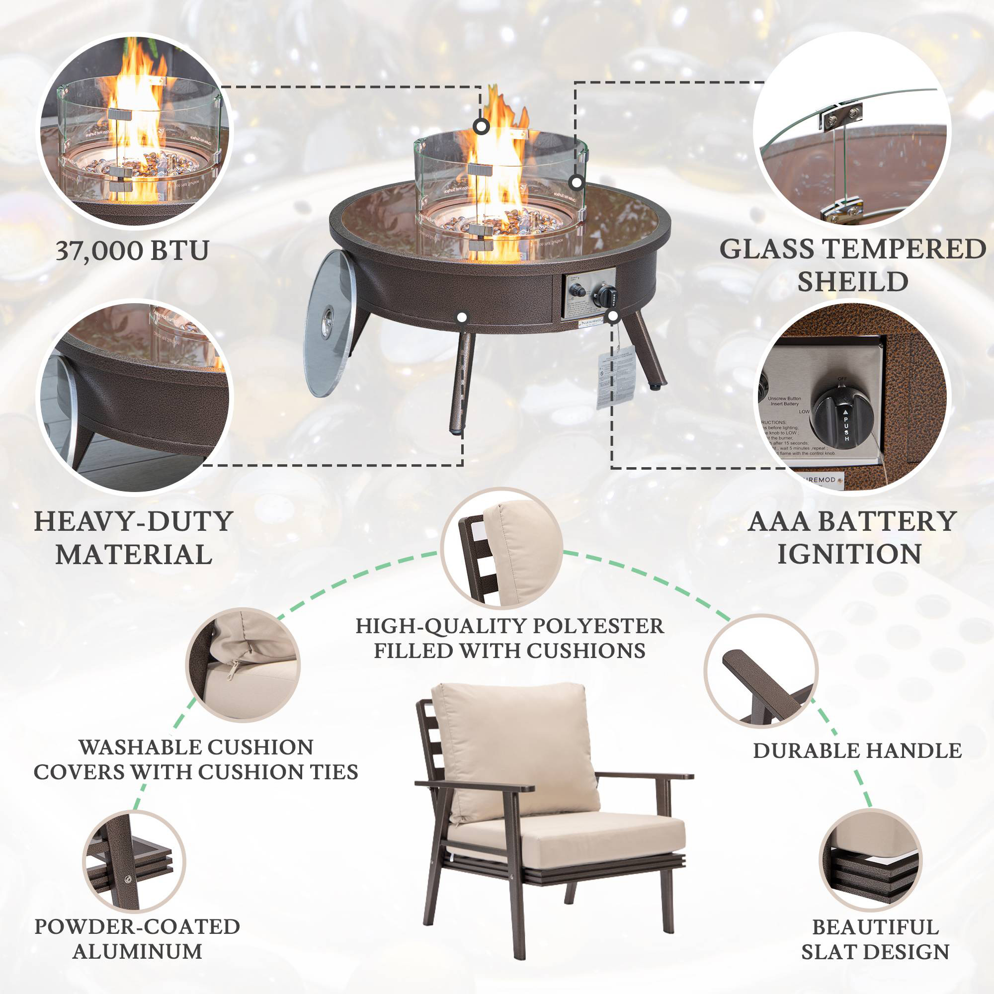 LeisureMod Walbrooke Modern Brown Patio Conversation With Round Fire Pit & Tank Holder - Beige