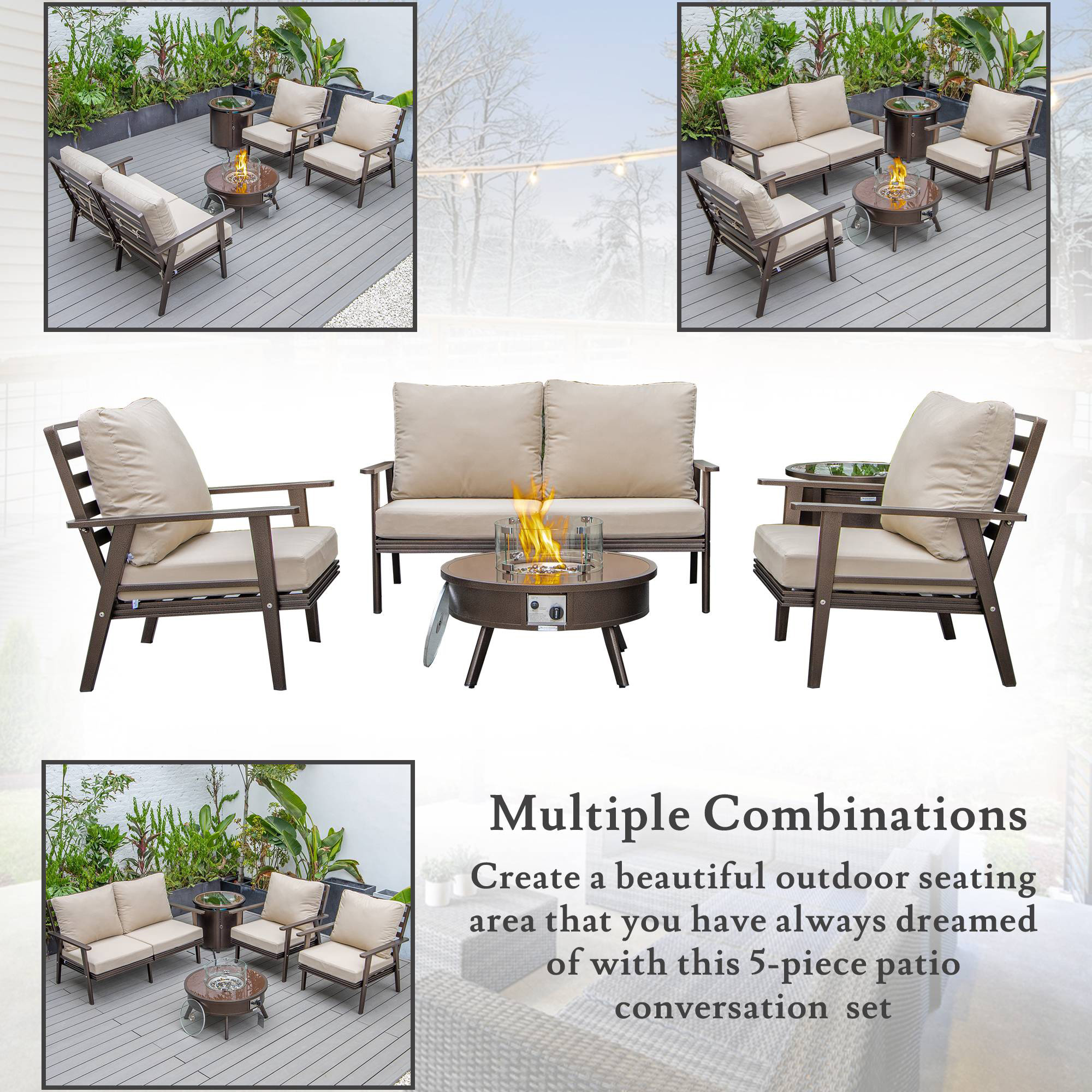 LeisureMod Walbrooke Modern Brown Patio Conversation With Round Fire Pit & Tank Holder - Beige