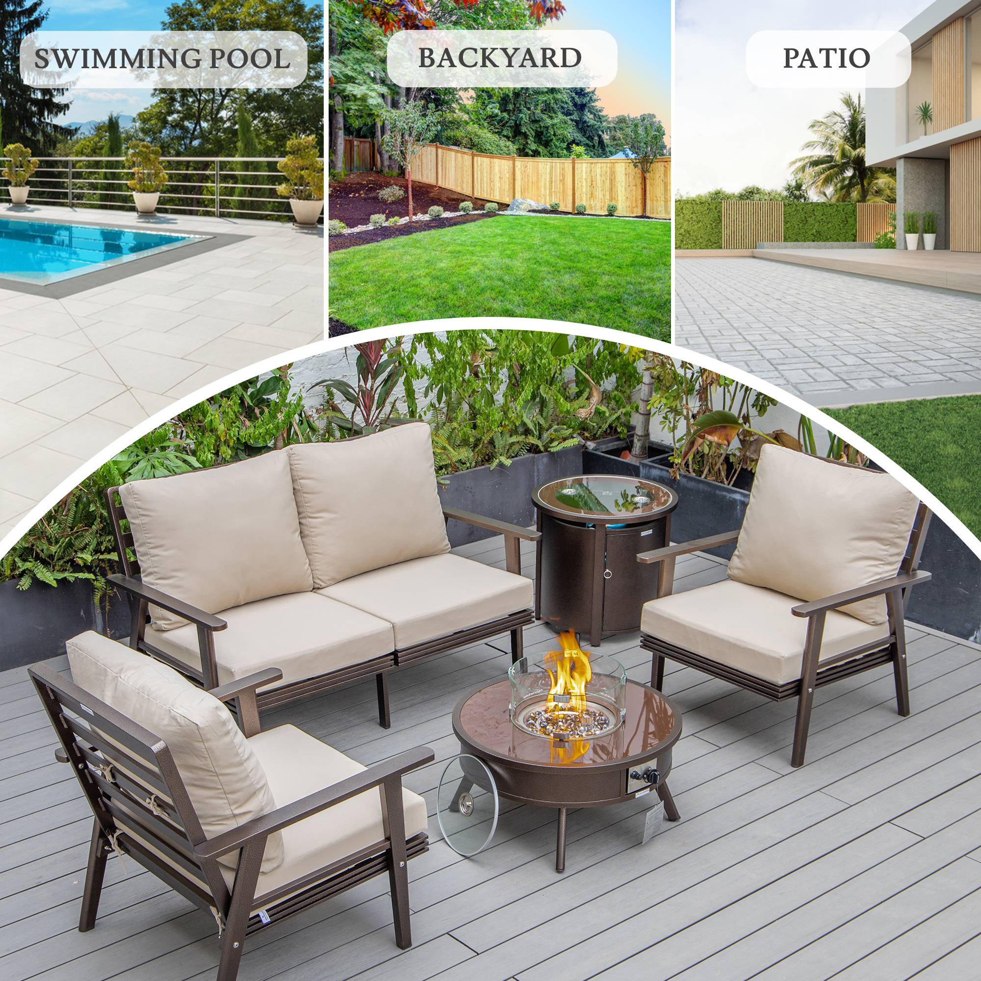 LeisureMod Walbrooke Modern Brown Patio Conversation With Round Fire Pit & Tank Holder - Beige