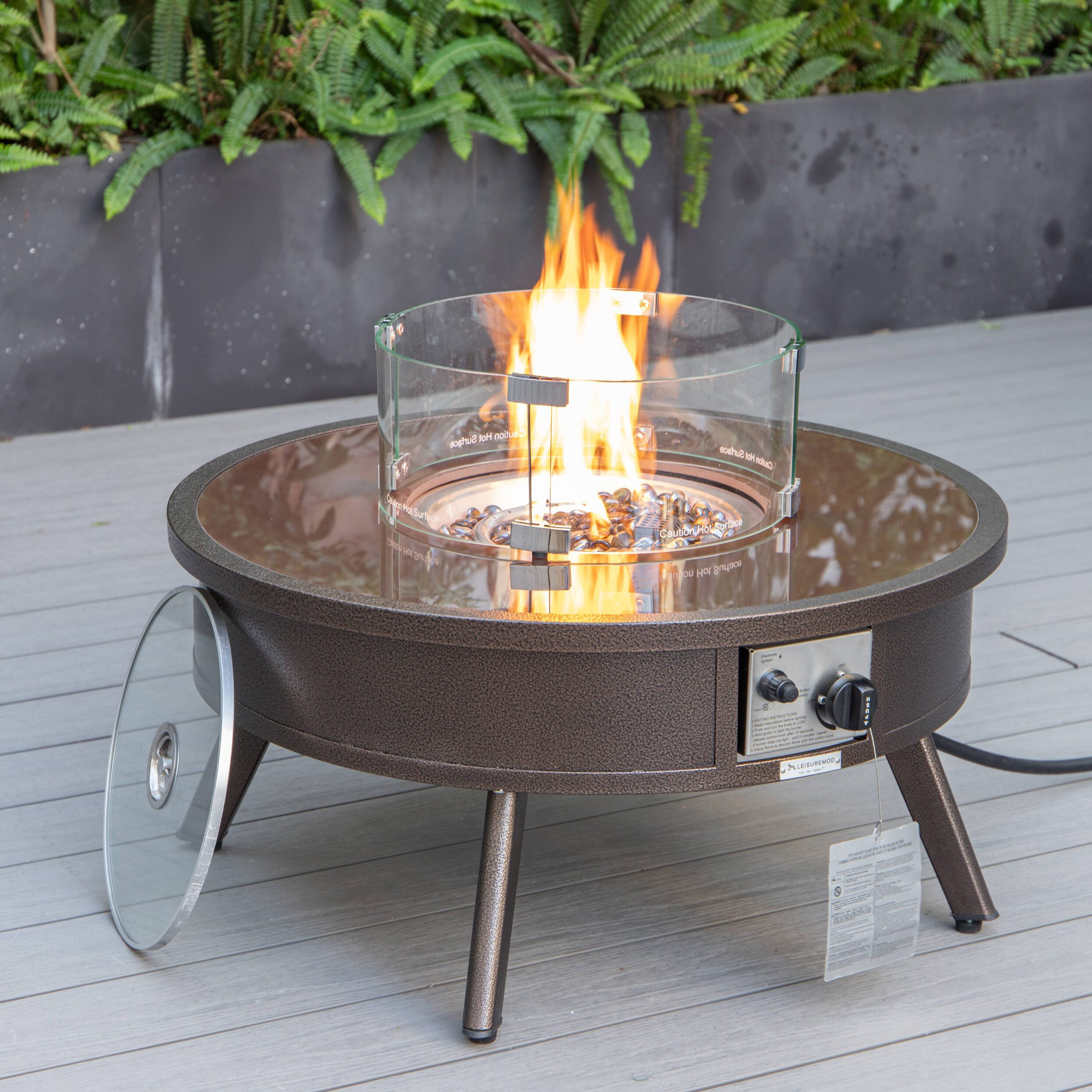 LeisureMod Walbrooke Modern Brown Patio Conversation With Round Fire Pit & Tank Holder - Beige