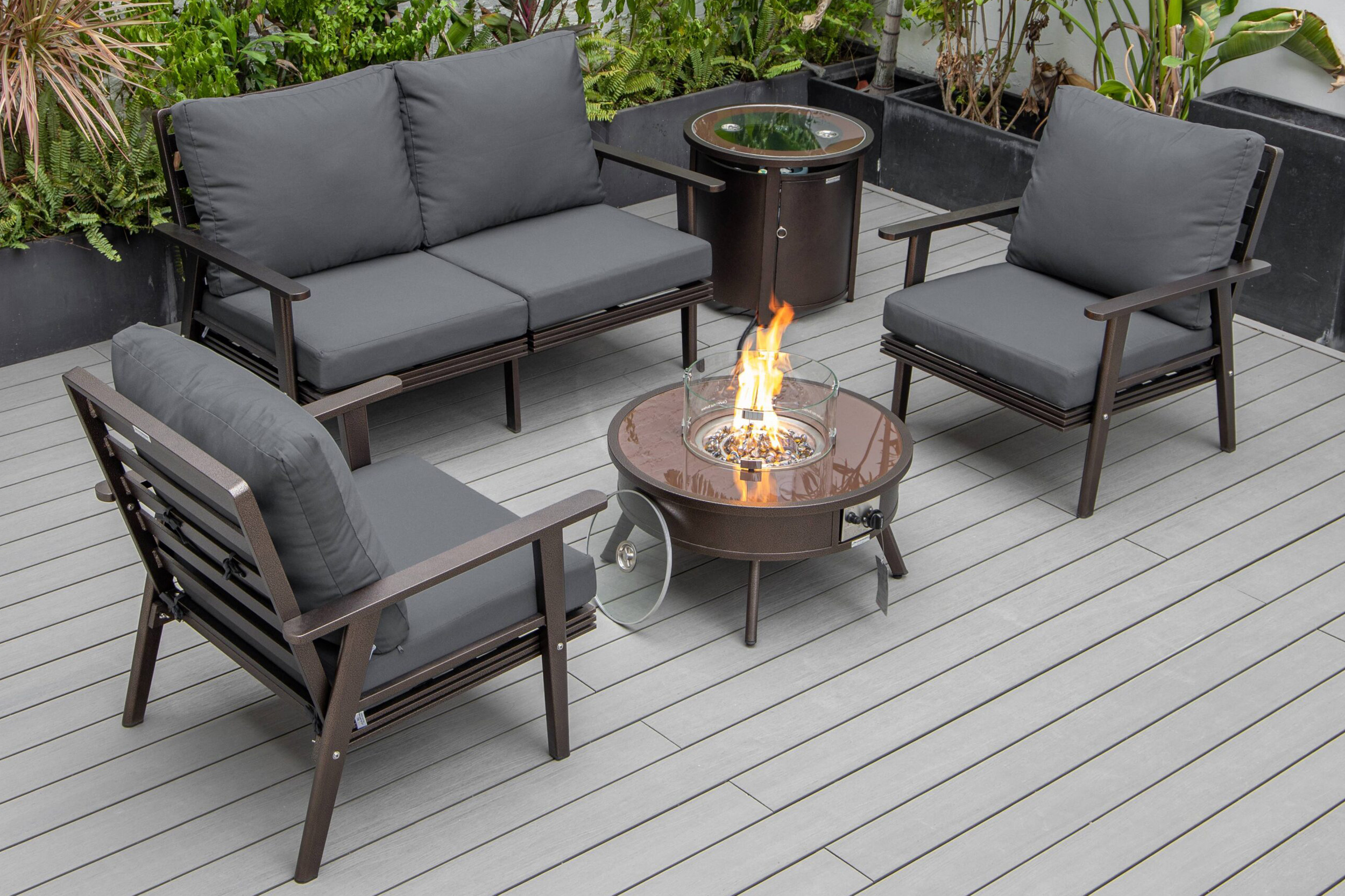 LeisureMod Walbrooke Modern Black Patio Conversation With Round Fire Pit & Tank Holder