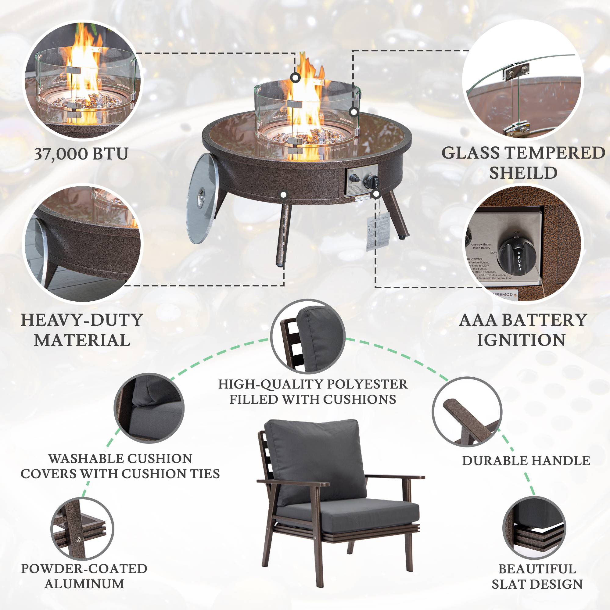 LeisureMod™ Walbrooke Modern Brown Patio Conversation With Round Fire Pit & Tank Holder - Charcoal