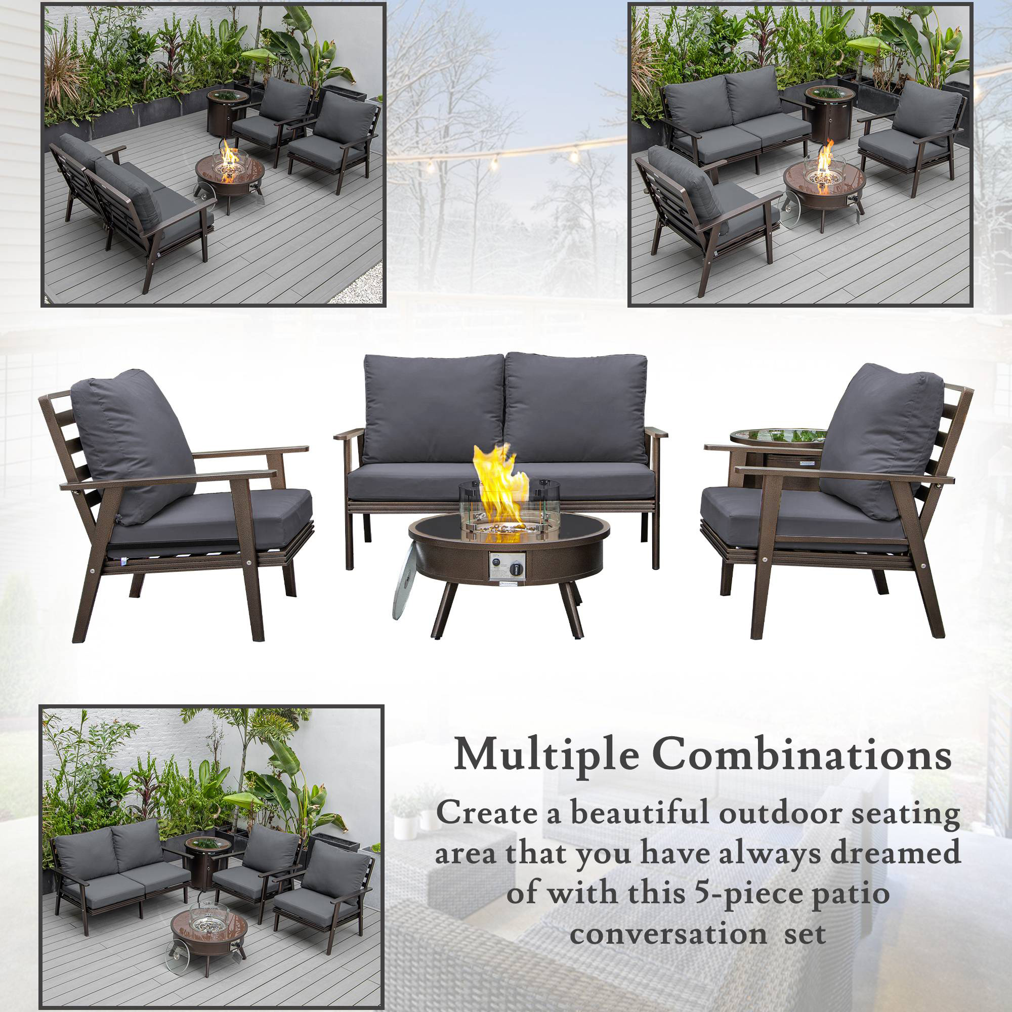 LeisureMod™ Walbrooke Modern Brown Patio Conversation With Round Fire Pit & Tank Holder - Charcoal