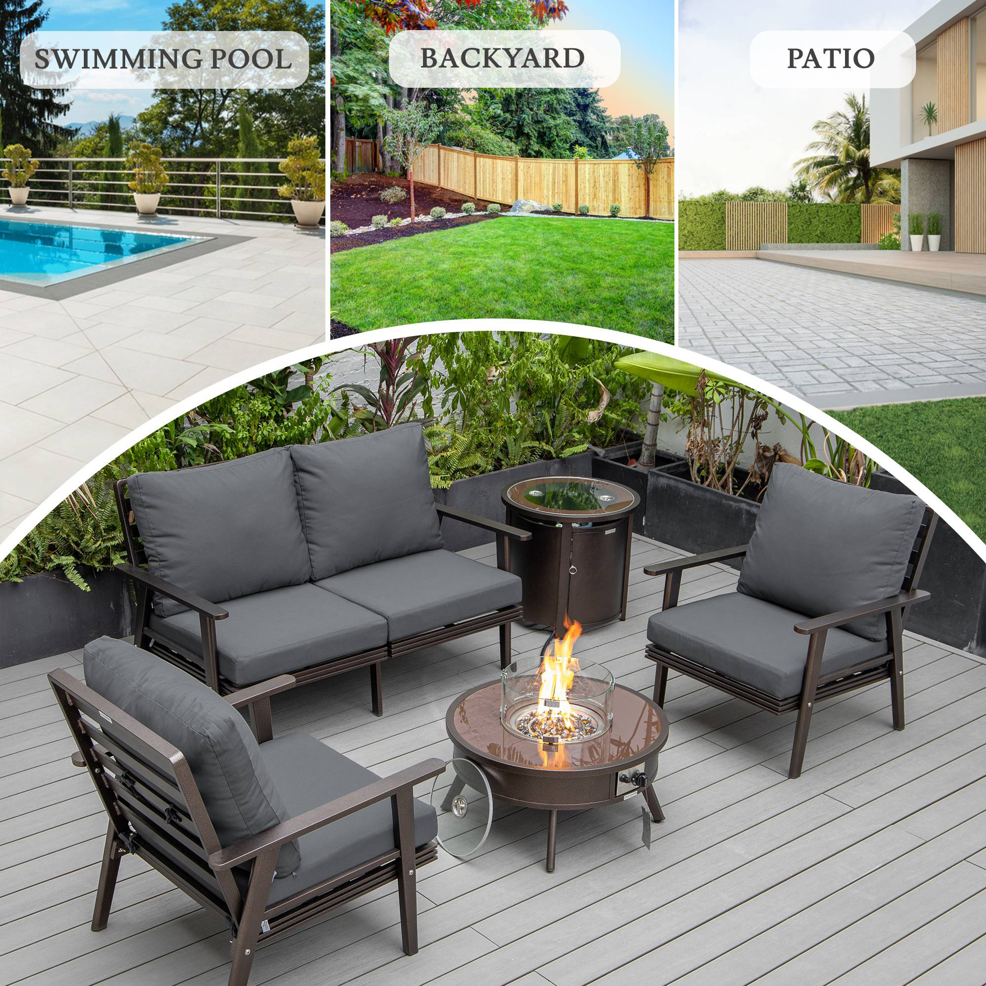 LeisureMod™ Walbrooke Modern Brown Patio Conversation With Round Fire Pit & Tank Holder - Charcoal