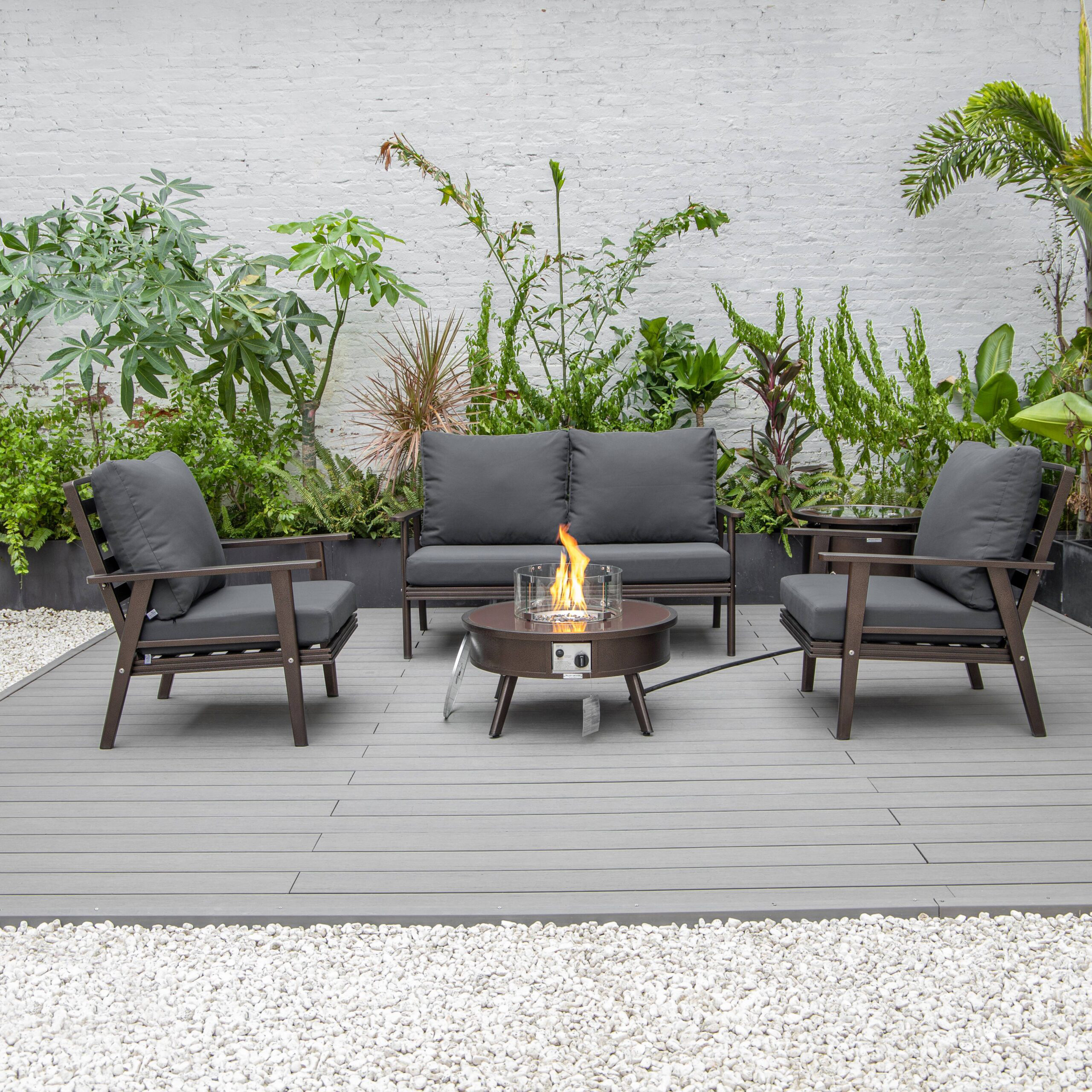 LeisureMod™ Walbrooke Modern Brown Patio Conversation With Round Fire Pit & Tank Holder - Charcoal