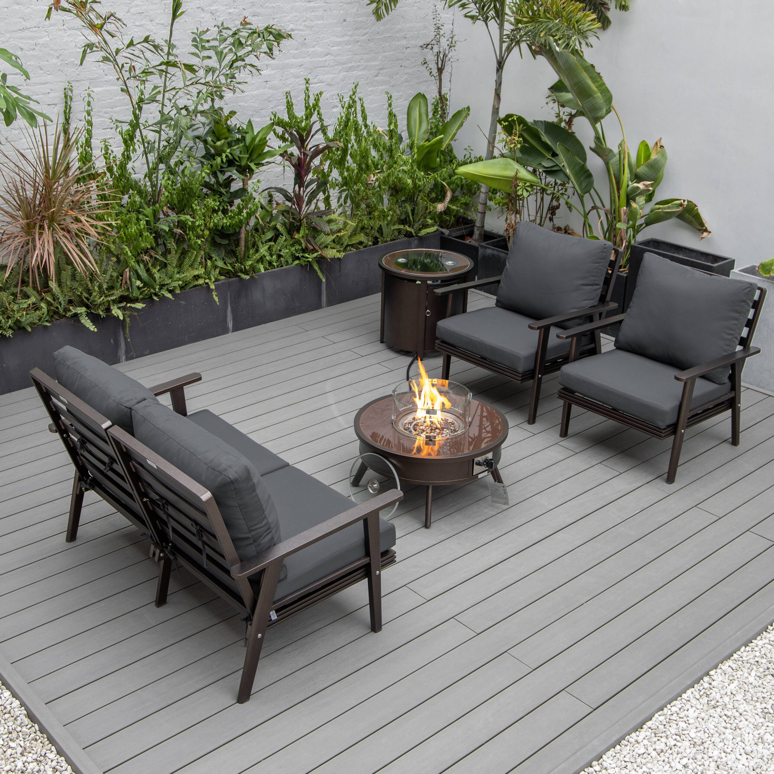 LeisureMod™ Walbrooke Modern Brown Patio Conversation With Round Fire Pit & Tank Holder - Charcoal