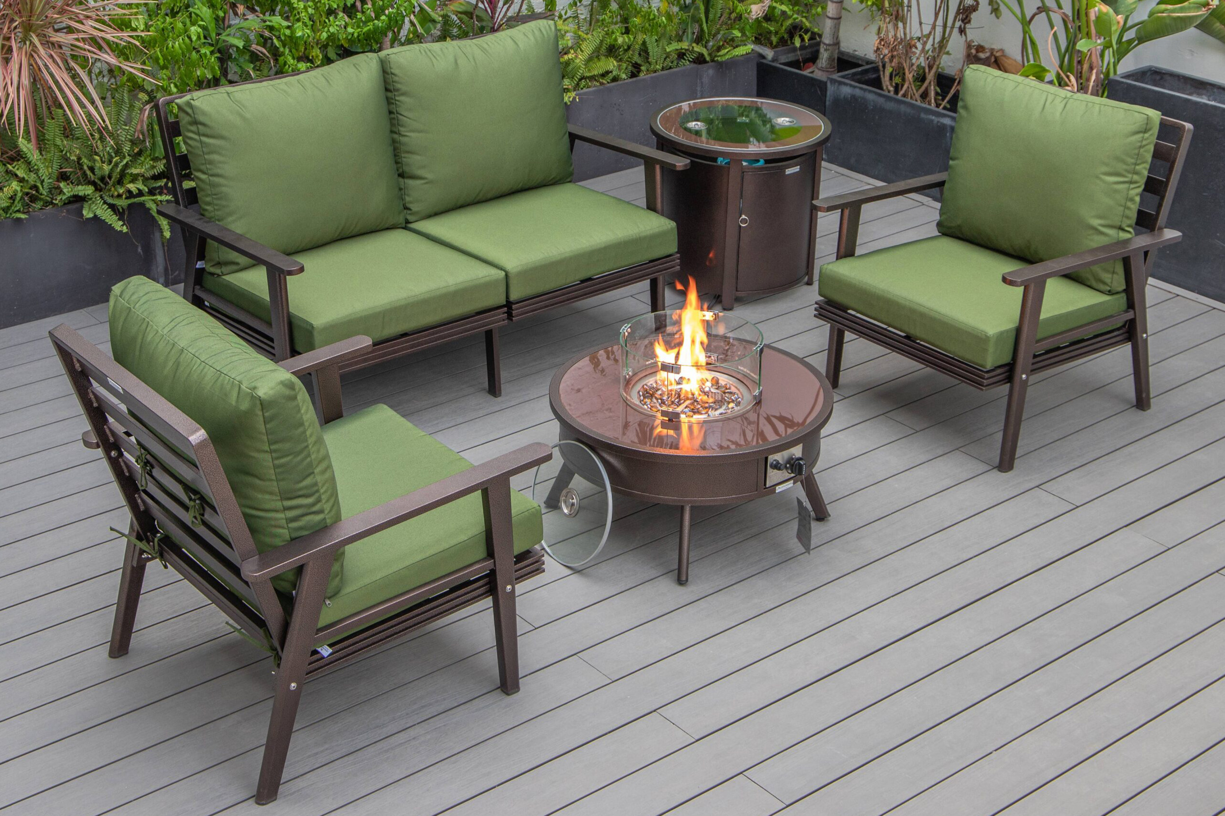 LeisureMod Walbrooke Modern Black Patio Conversation With Round Fire Pit & Tank Holder