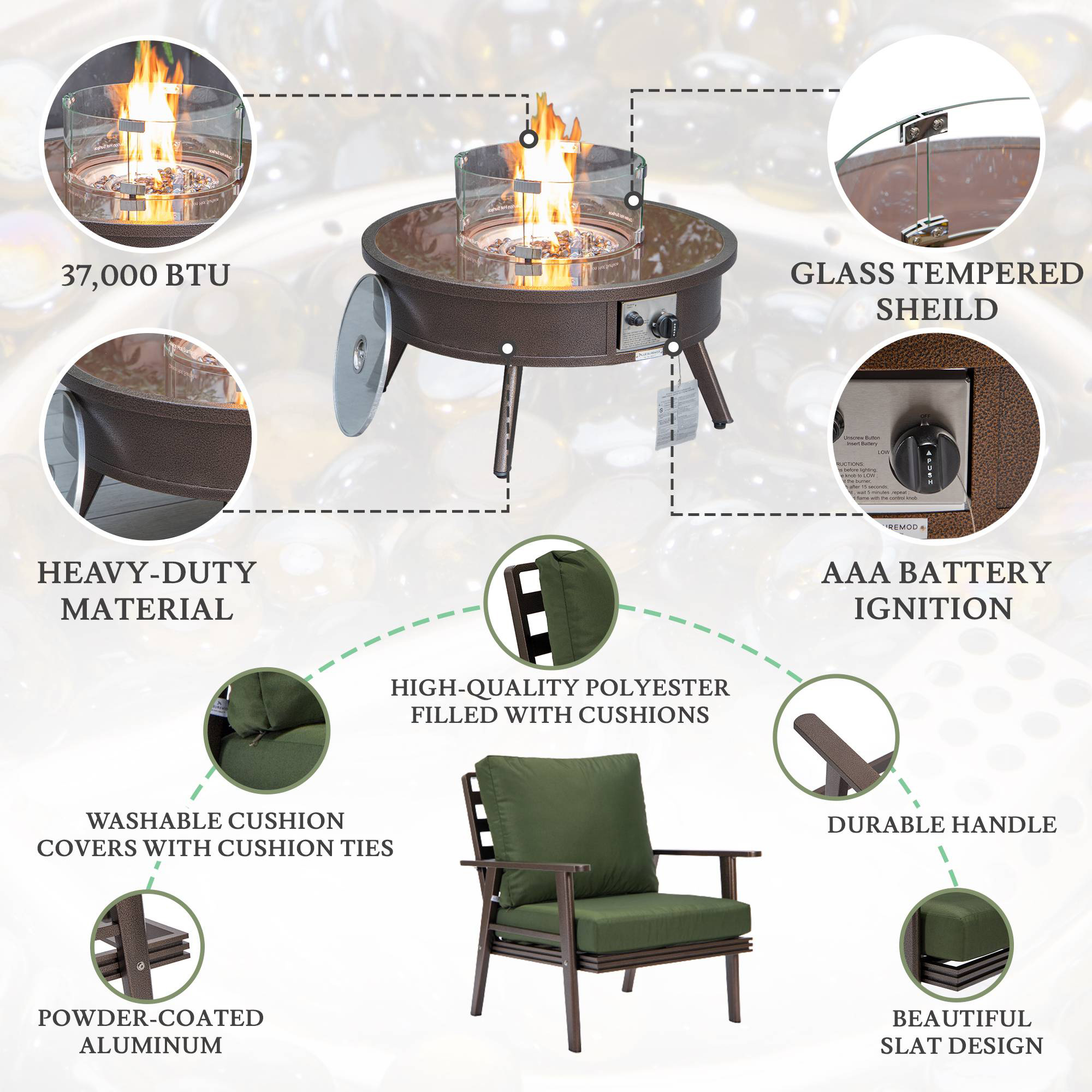 LeisureMod Walbrooke Modern Brown Patio Conversation With Round Fire Pit & Tank Holder - Green