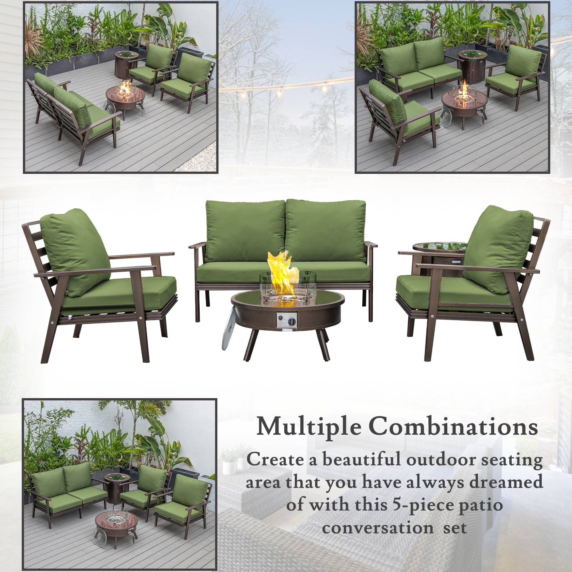 LeisureMod Walbrooke Modern Brown Patio Conversation With Round Fire Pit & Tank Holder - Green