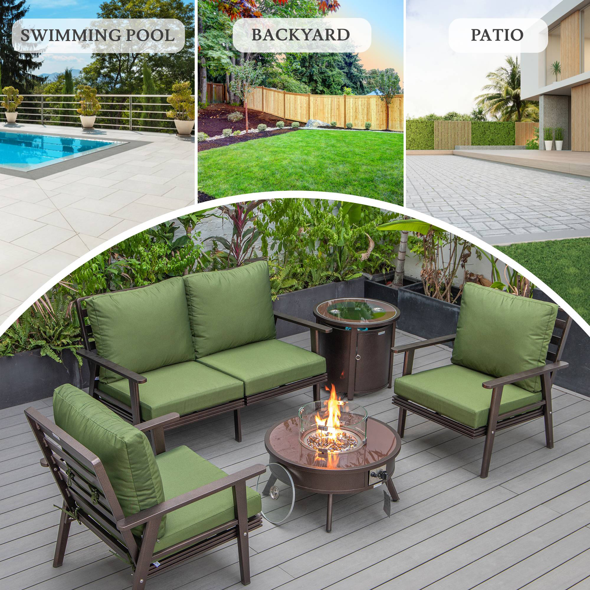 LeisureMod Walbrooke Modern Brown Patio Conversation With Round Fire Pit & Tank Holder - Green