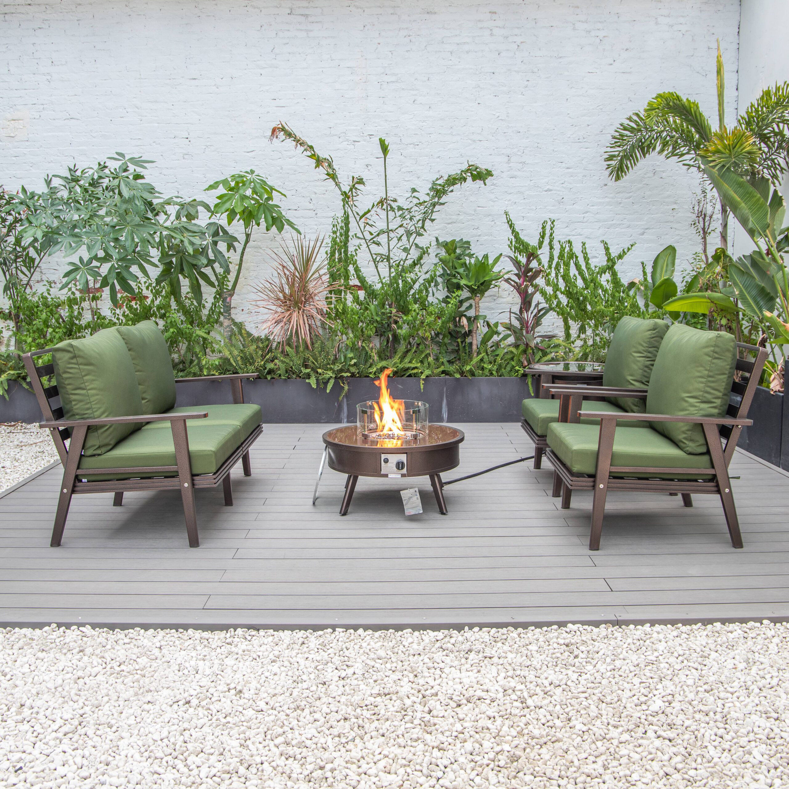 LeisureMod Walbrooke Modern Brown Patio Conversation With Round Fire Pit & Tank Holder - Green