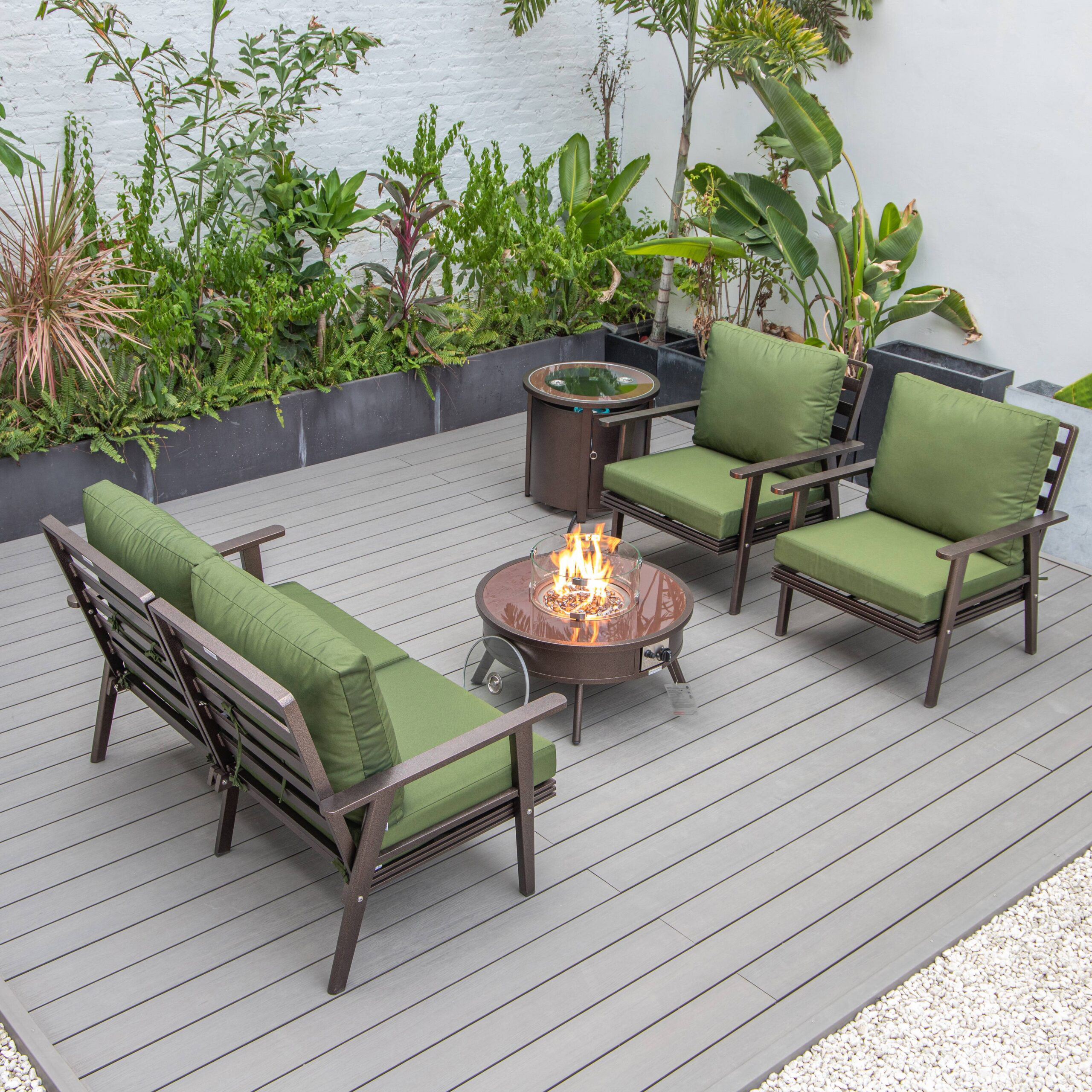 LeisureMod Walbrooke Modern Brown Patio Conversation With Round Fire Pit & Tank Holder - Green