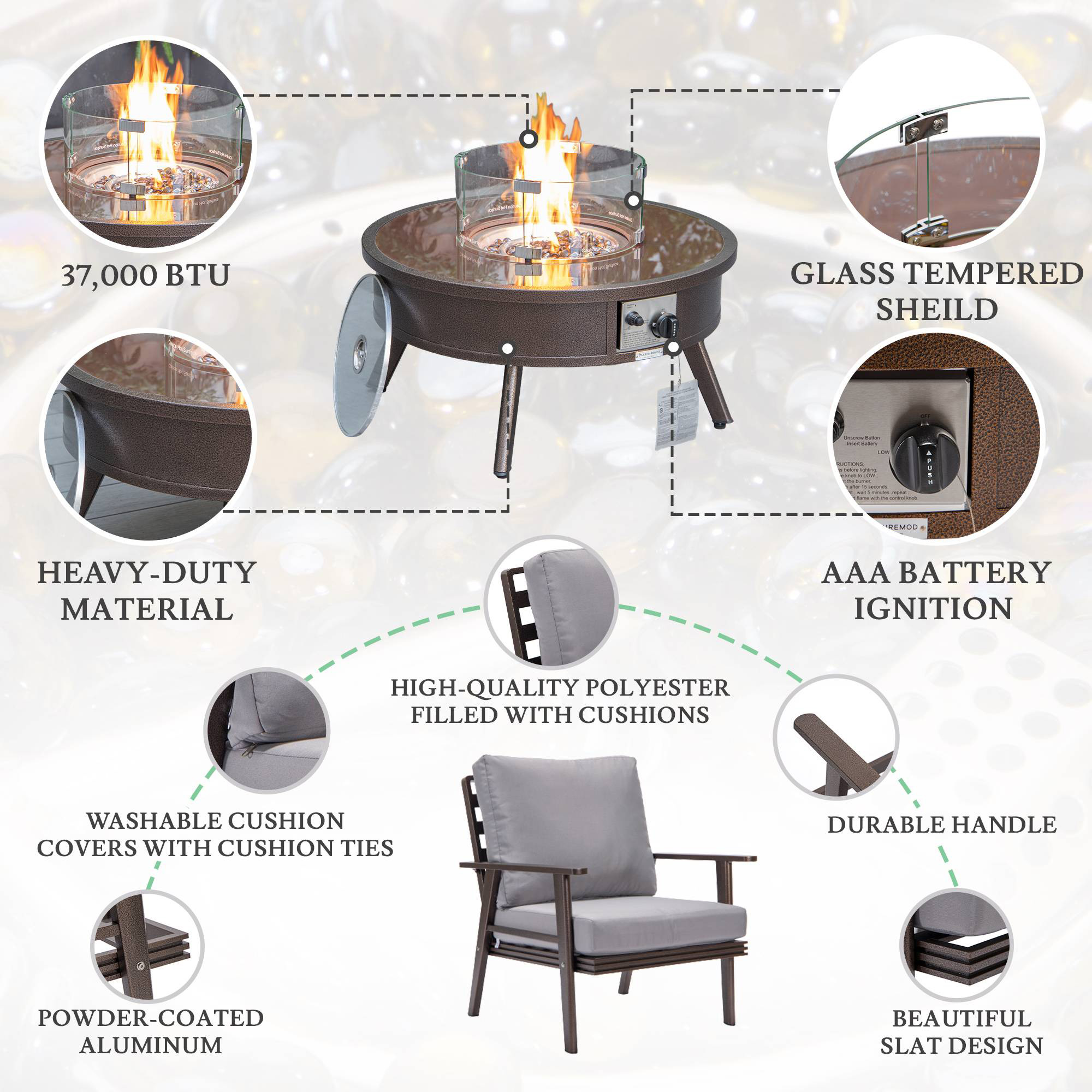 LeisureMod Walbrooke Modern Brown Patio Conversation With Round Fire Pit & Tank Holder - Gray