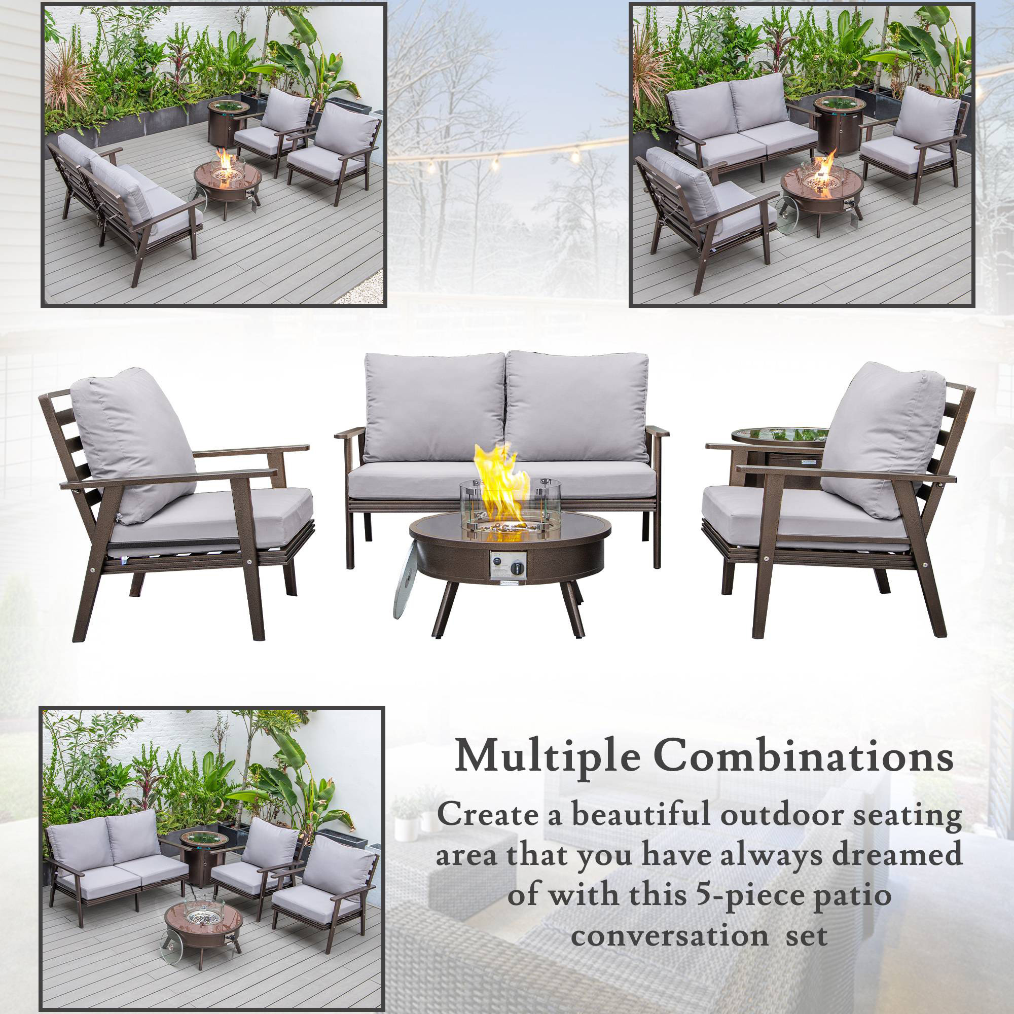 LeisureMod Walbrooke Modern Brown Patio Conversation With Round Fire Pit & Tank Holder - Gray