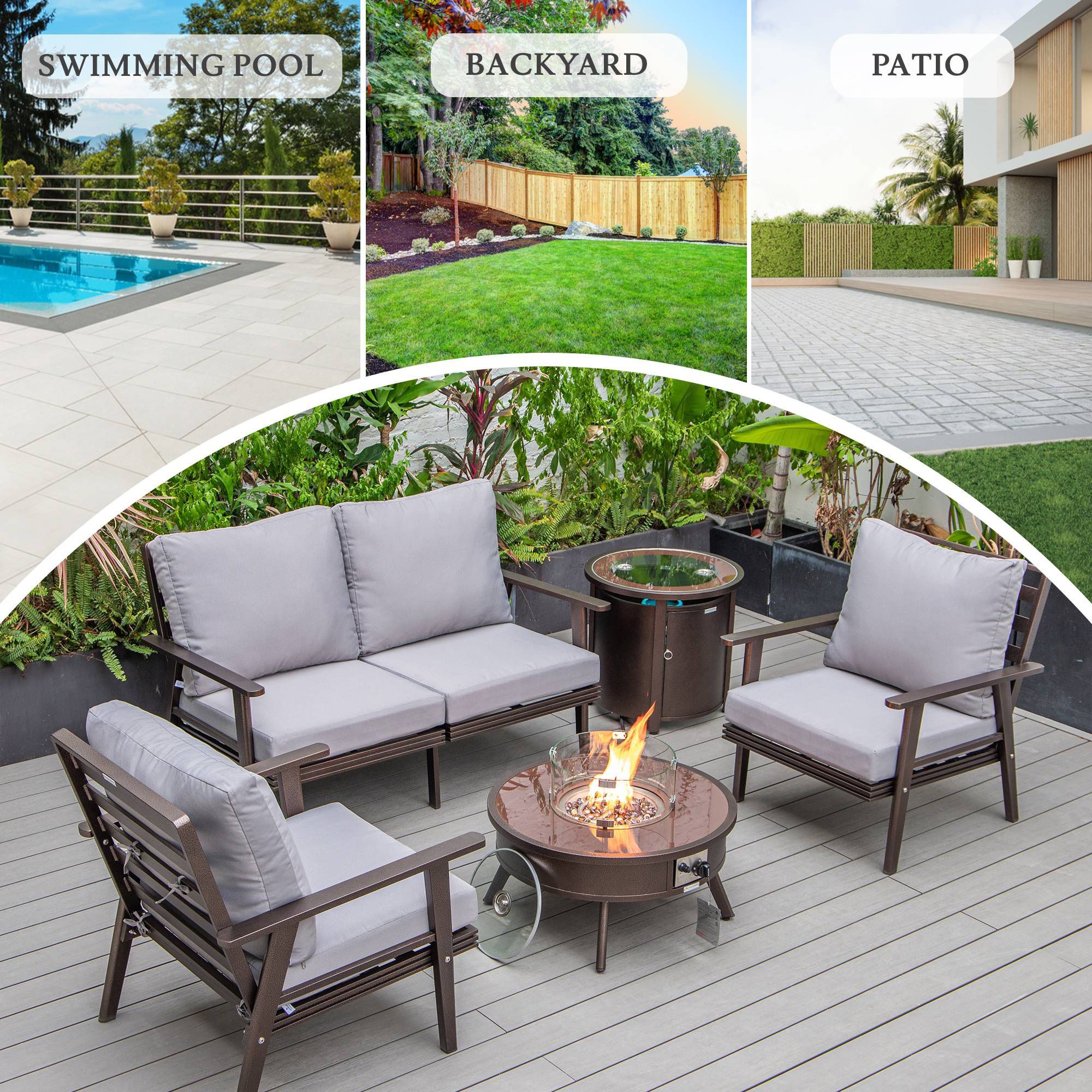 LeisureMod Walbrooke Modern Brown Patio Conversation With Round Fire Pit & Tank Holder - Gray