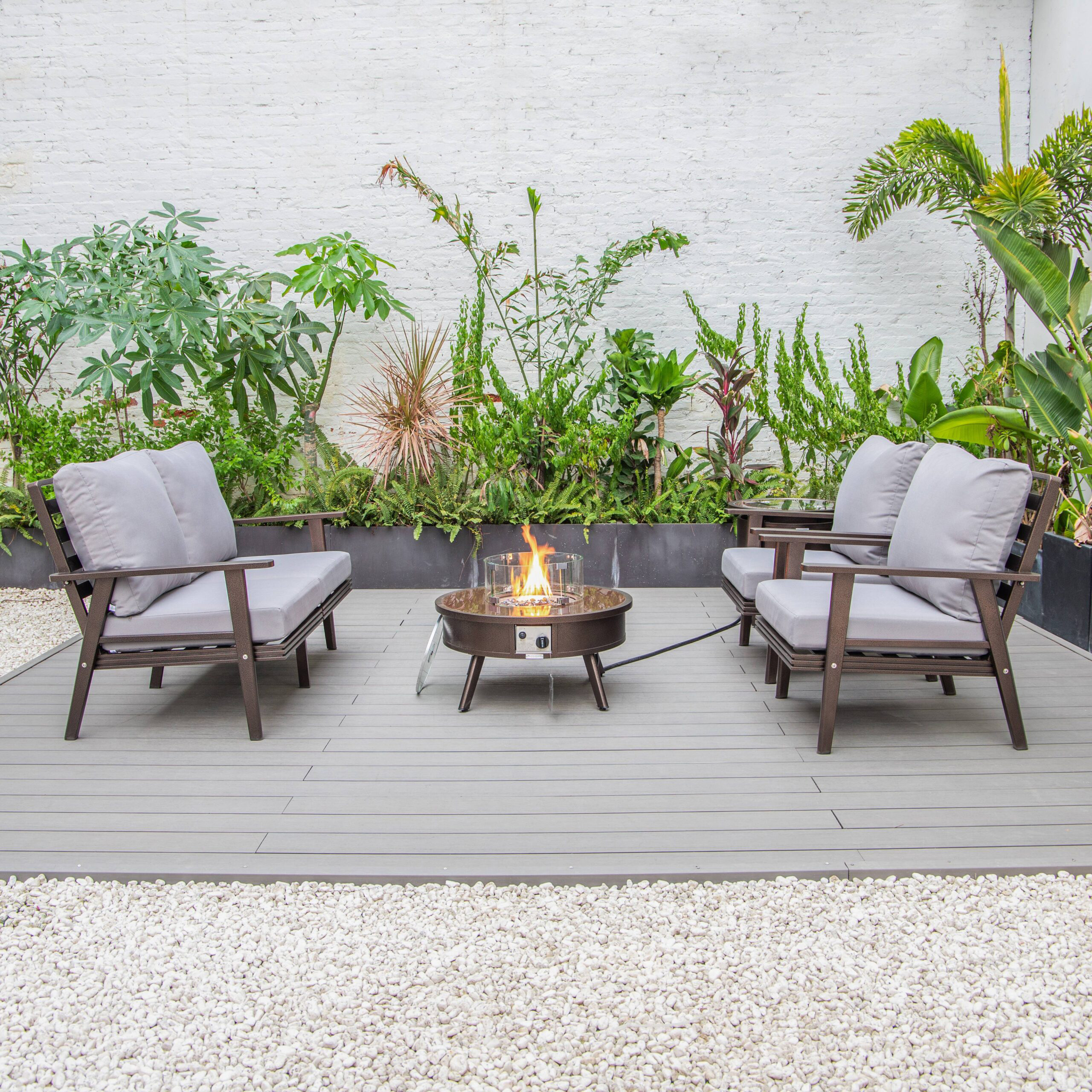 LeisureMod Walbrooke Modern Brown Patio Conversation With Round Fire Pit & Tank Holder - Gray