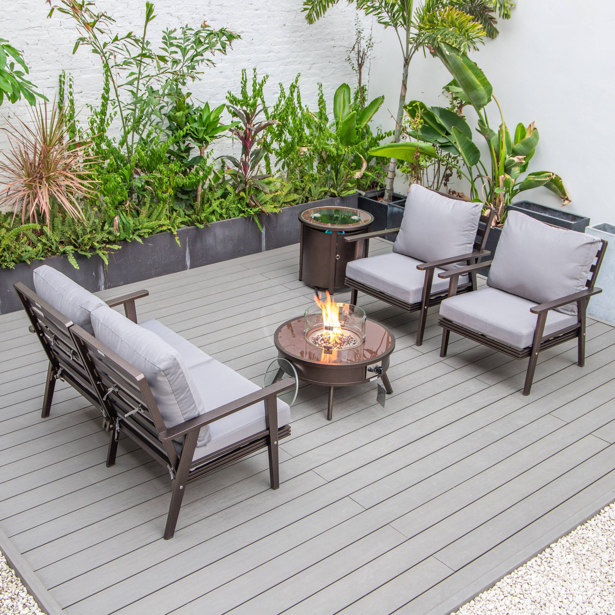 LeisureMod Walbrooke Modern Brown Patio Conversation With Round Fire Pit & Tank Holder - Gray