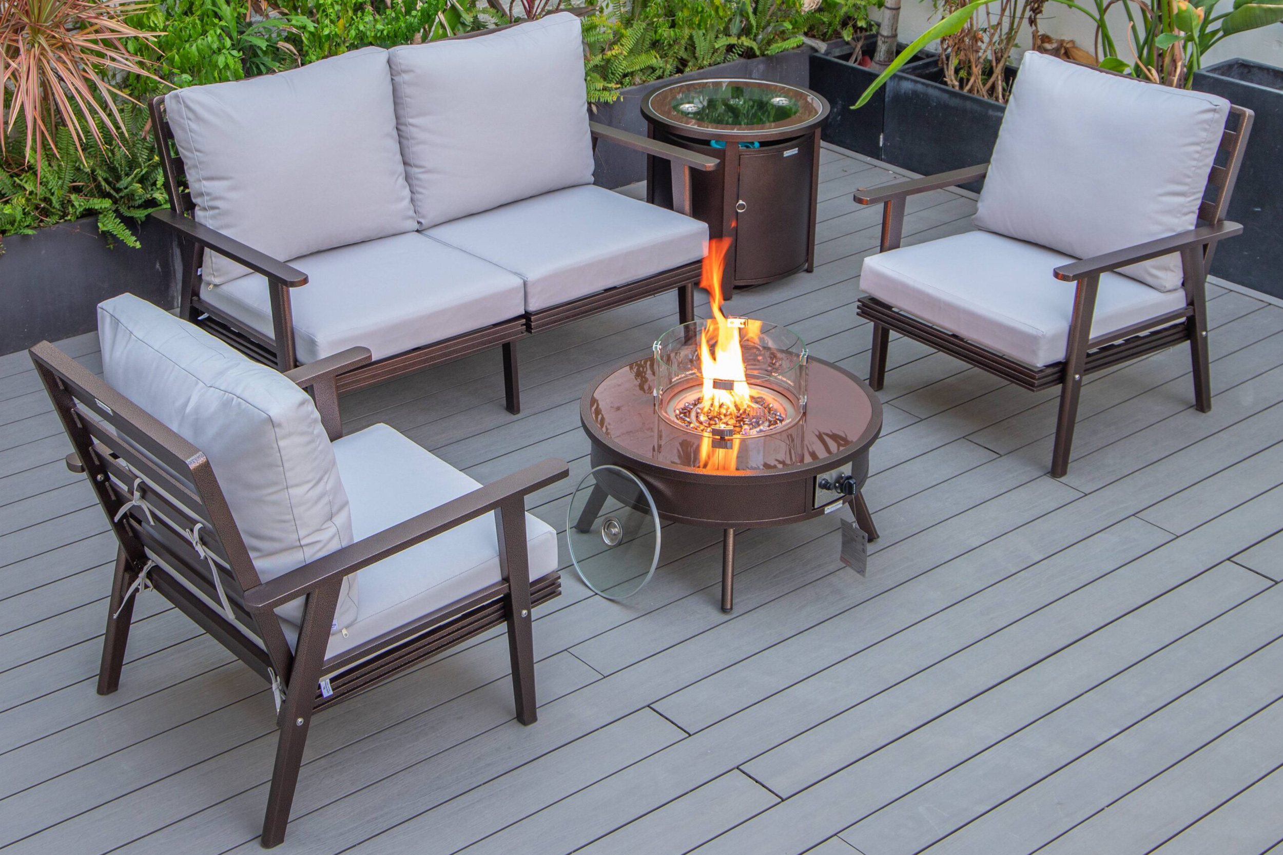 LeisureMod Walbrooke Modern Black Patio Conversation With Round Fire Pit & Tank Holder