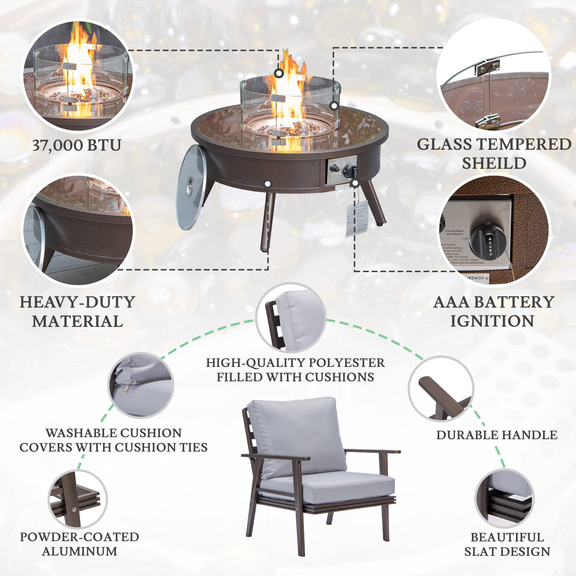 LeisureMod Walbrooke Modern Brown Patio Conversation With Round Fire Pit & Tank Holder - Light Gray