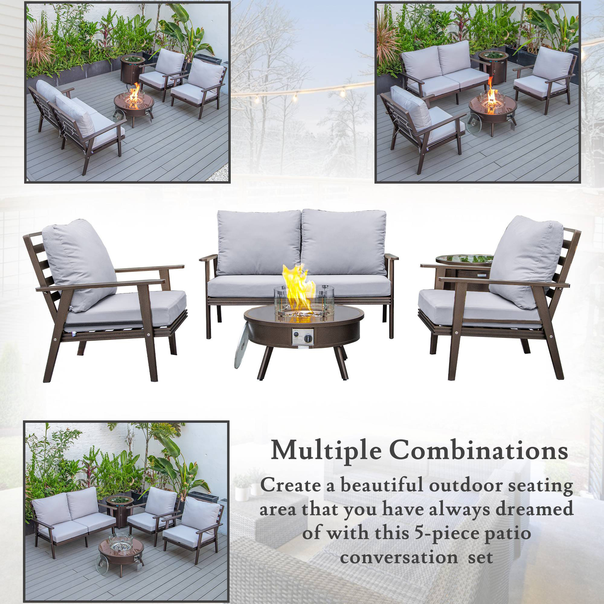 LeisureMod Walbrooke Modern Brown Patio Conversation With Round Fire Pit & Tank Holder - Light Gray