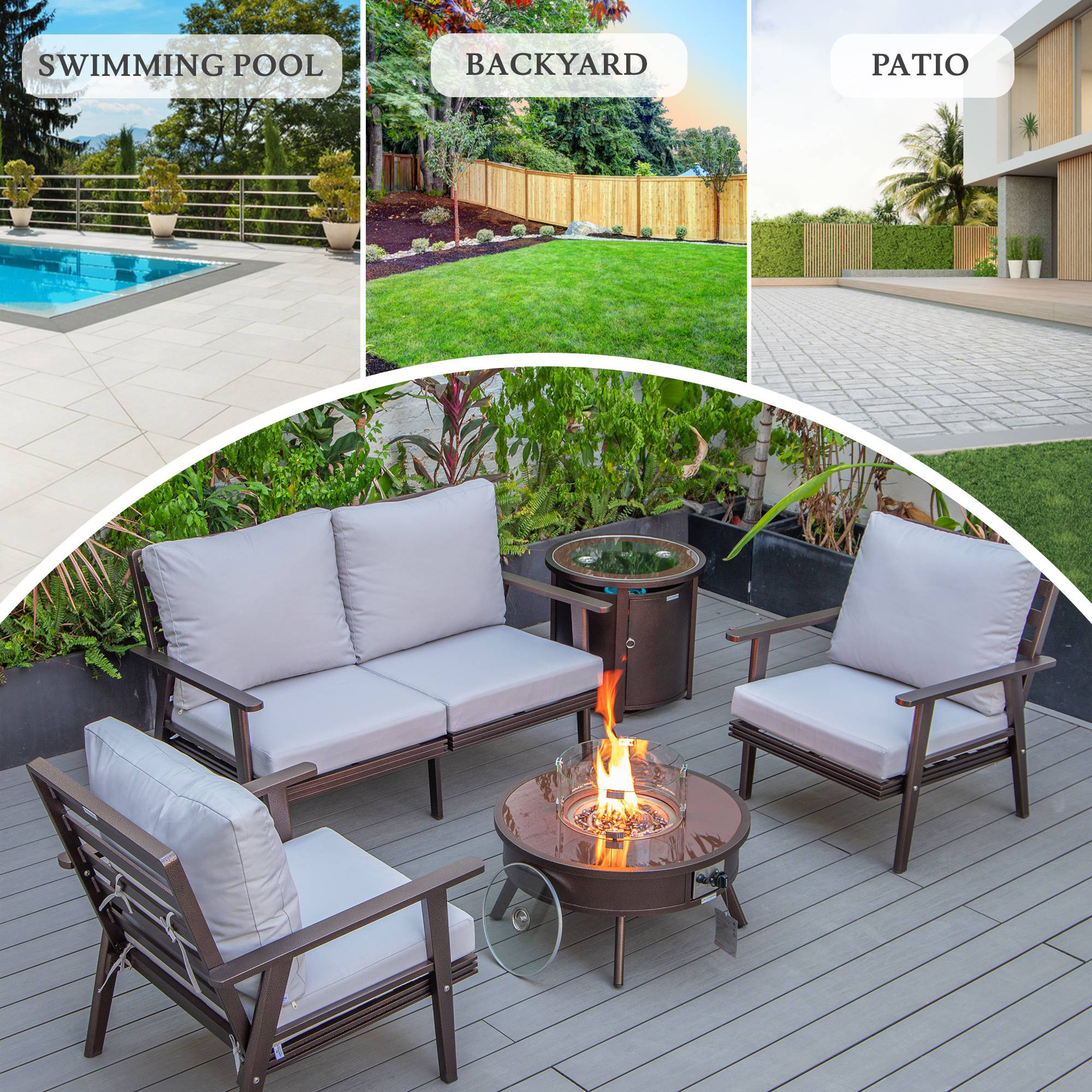 LeisureMod Walbrooke Modern Brown Patio Conversation With Round Fire Pit & Tank Holder - Light Gray