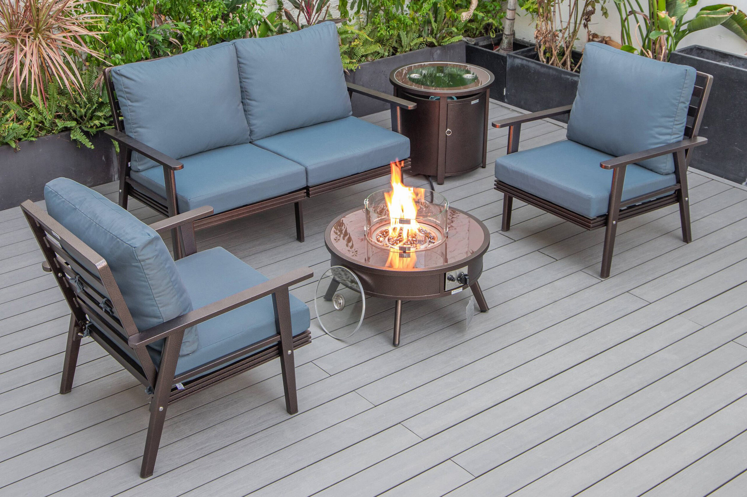 LeisureMod Walbrooke Modern Black Patio Conversation With Round Fire Pit & Tank Holder