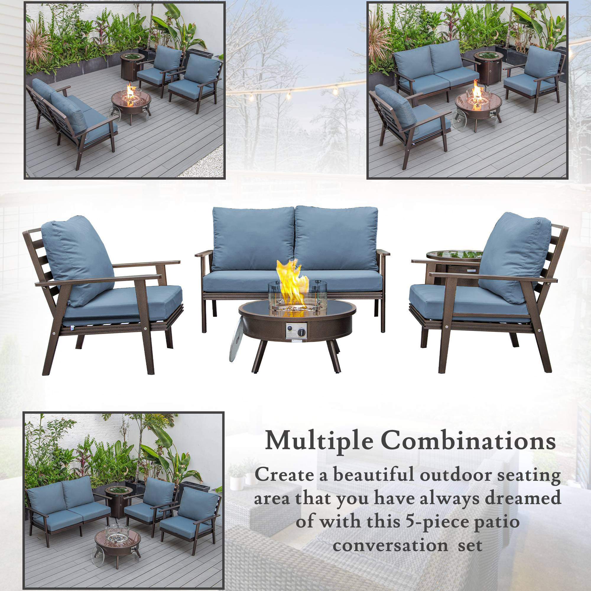 LeisureMod Walbrooke Modern Brown Patio Conversation With Round Fire Pit & Tank Holder - Navy Blue