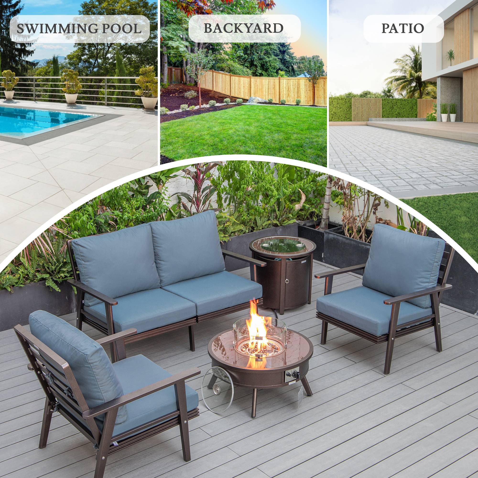 LeisureMod Walbrooke Modern Brown Patio Conversation With Round Fire Pit & Tank Holder - Navy Blue