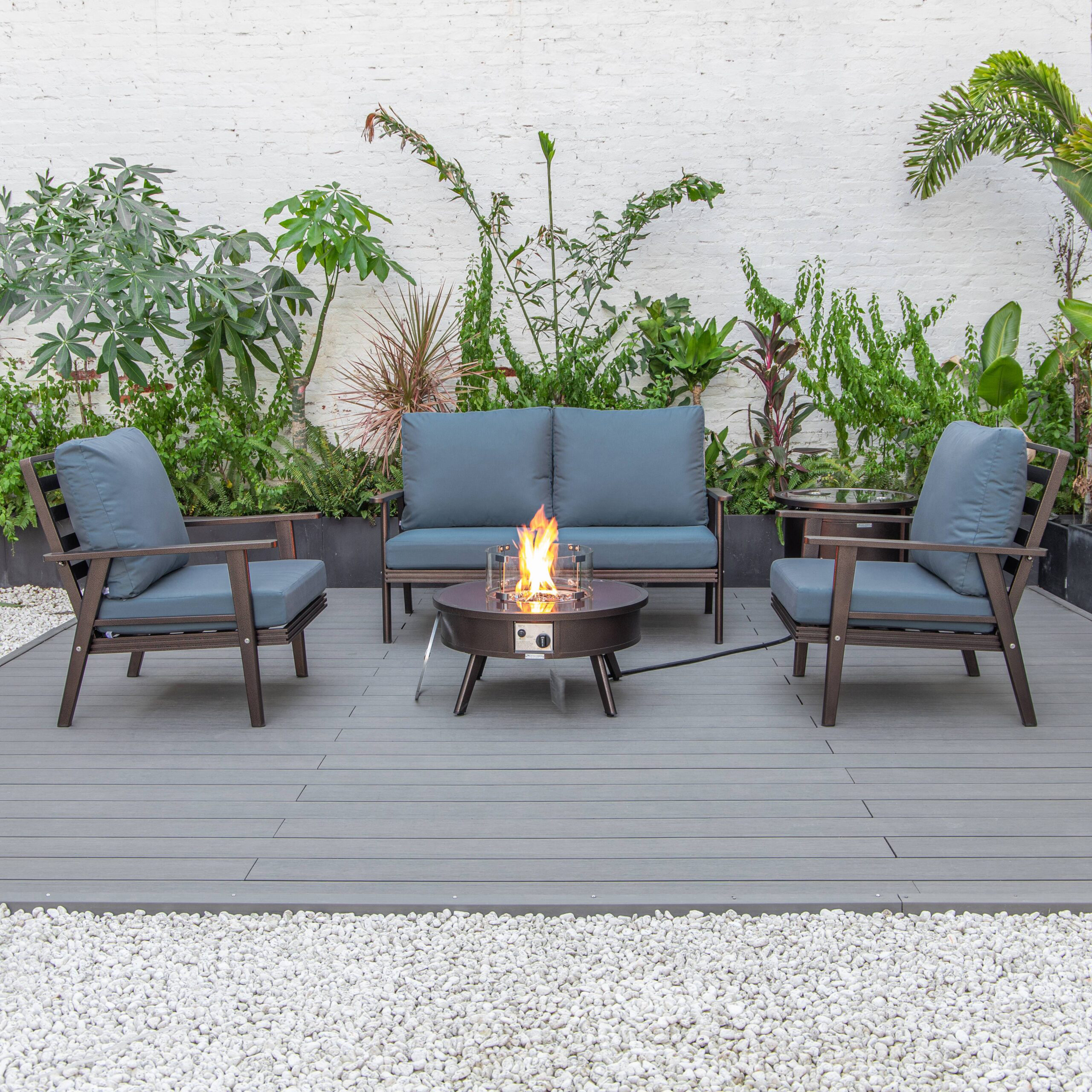 LeisureMod Walbrooke Modern Brown Patio Conversation With Round Fire Pit & Tank Holder - Navy Blue