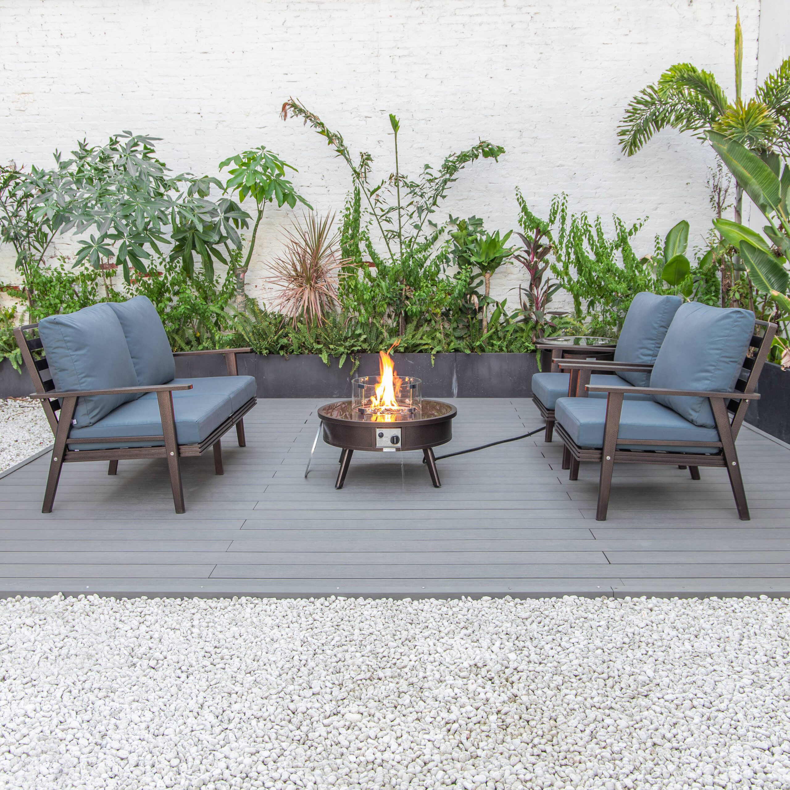 LeisureMod Walbrooke Modern Brown Patio Conversation With Round Fire Pit & Tank Holder - Navy Blue