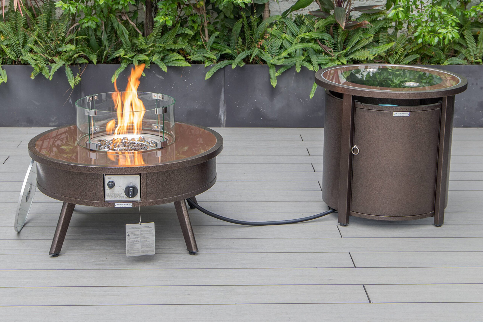 LeisureMod Walbrooke Modern Brown Patio Conversation With Round Fire Pit & Tank Holder - Navy Blue