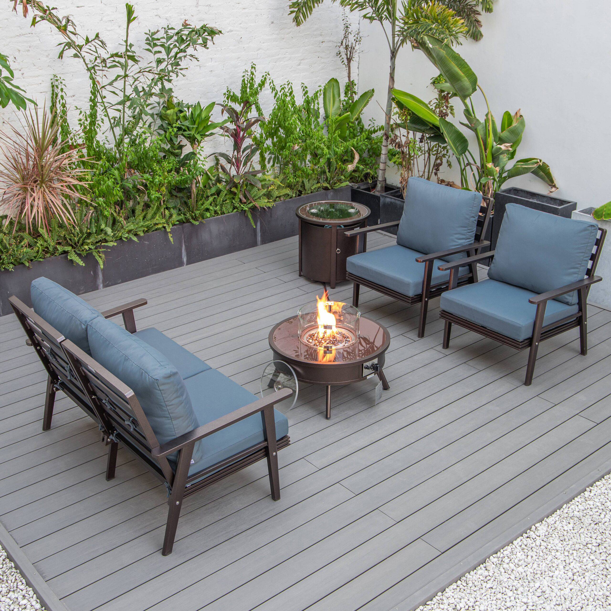 LeisureMod Walbrooke Modern Brown Patio Conversation With Round Fire Pit & Tank Holder - Navy Blue