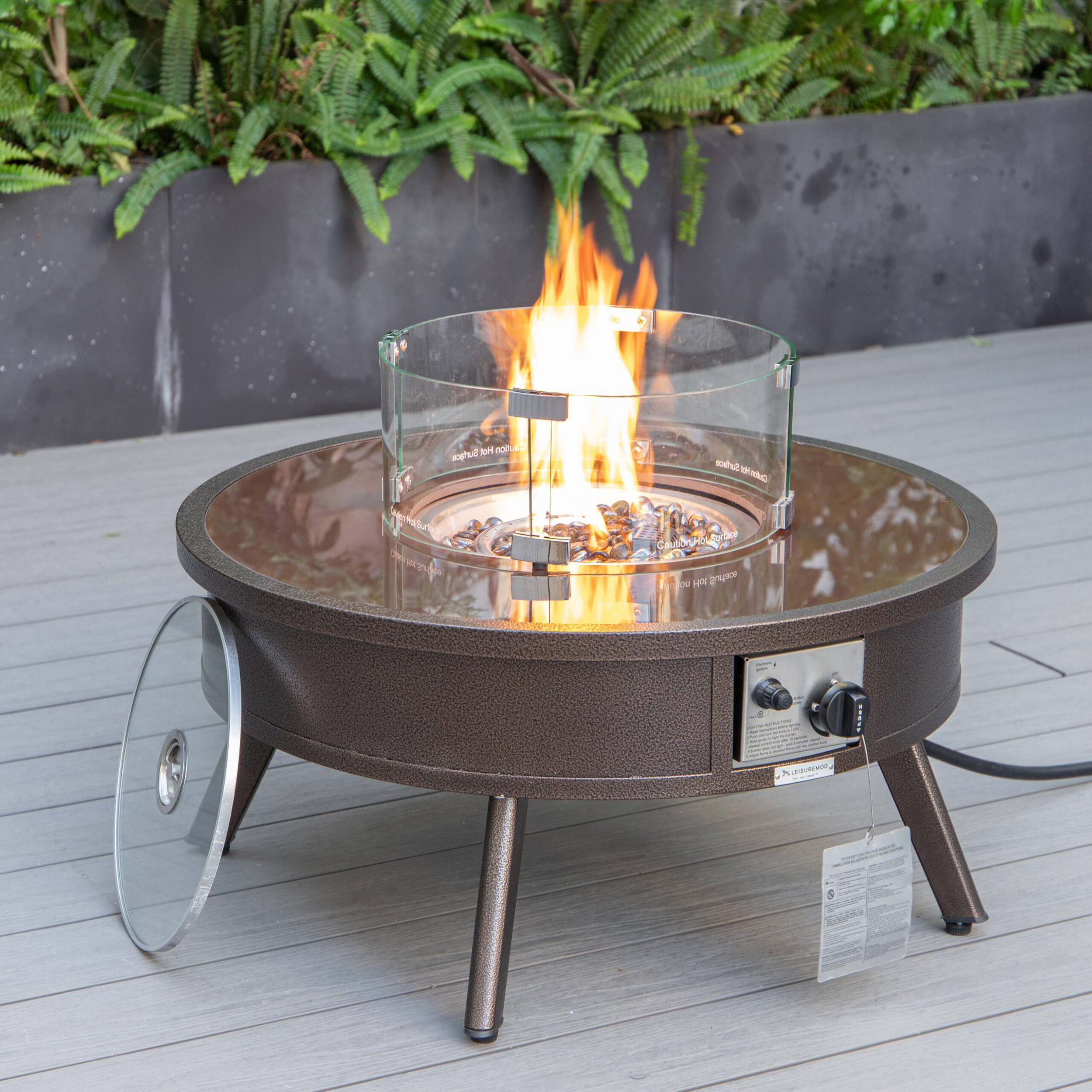 LeisureMod Walbrooke Outdoor Patio Round Fire Pit and Tank Holder - Brown