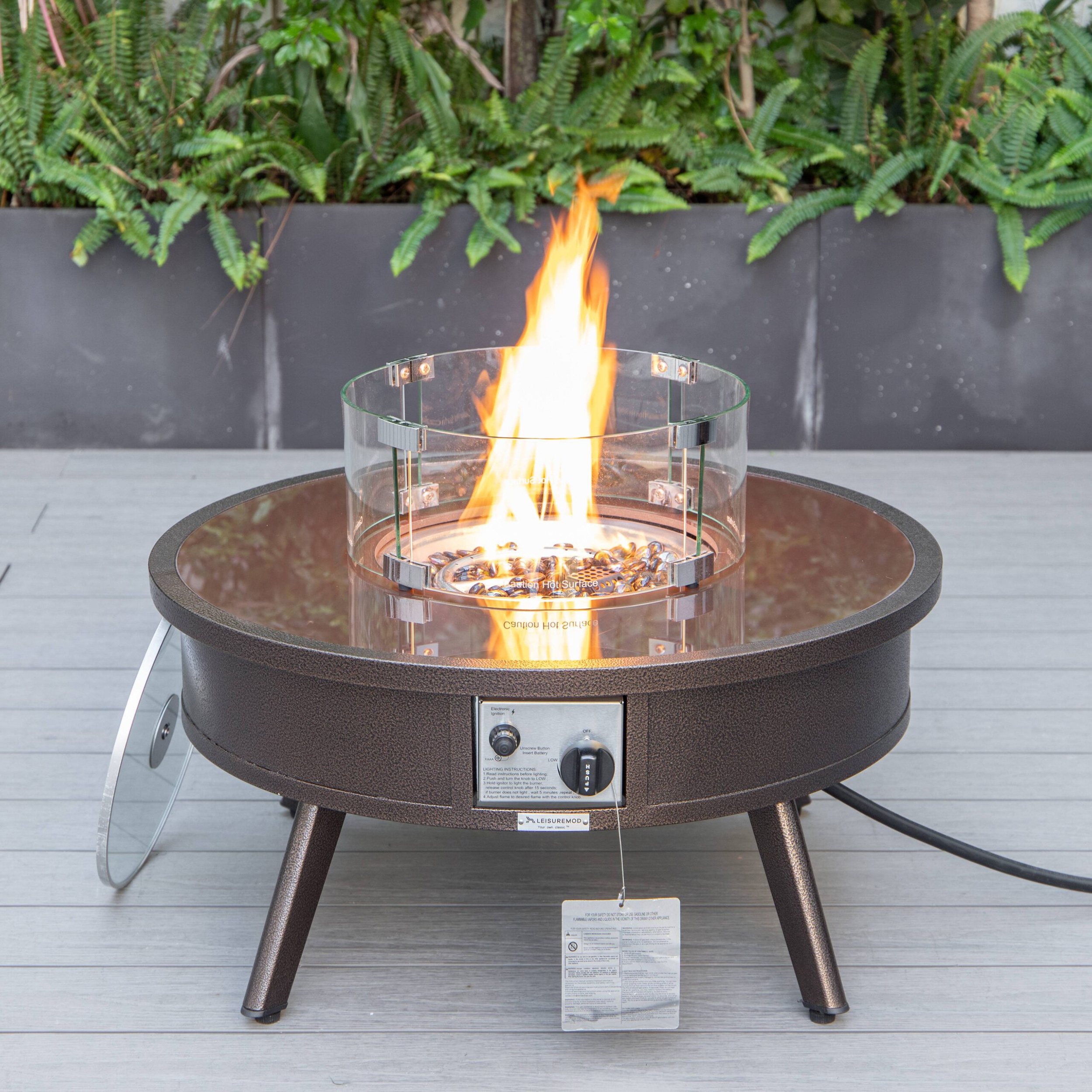 LeisureMod Walbrooke Modern Outdoor Round Fire Pit Table with Powder-Coated Aluminum Frame - Brown