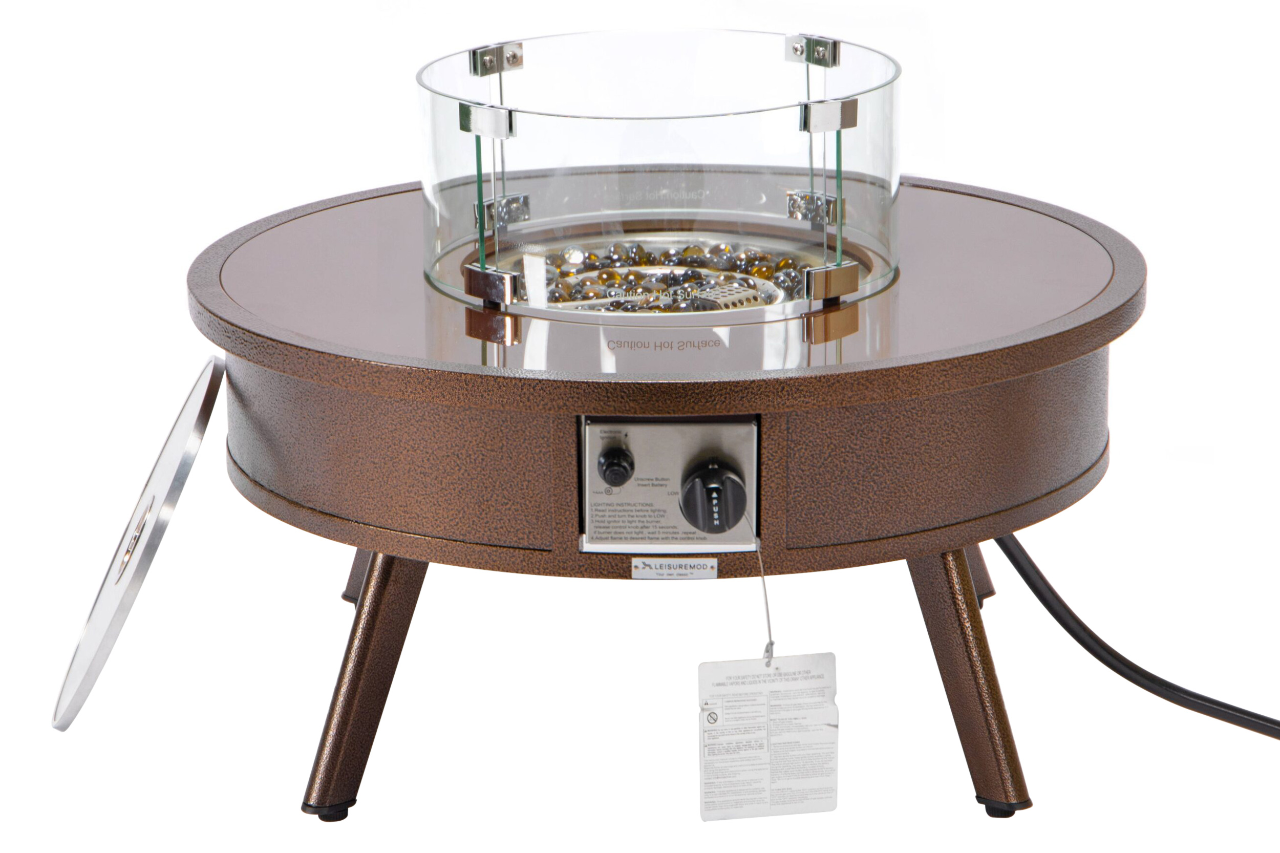 LeisureMod Walbrooke Modern Outdoor Round Fire Pit Table with Powder-Coated Aluminum Frame - Brown