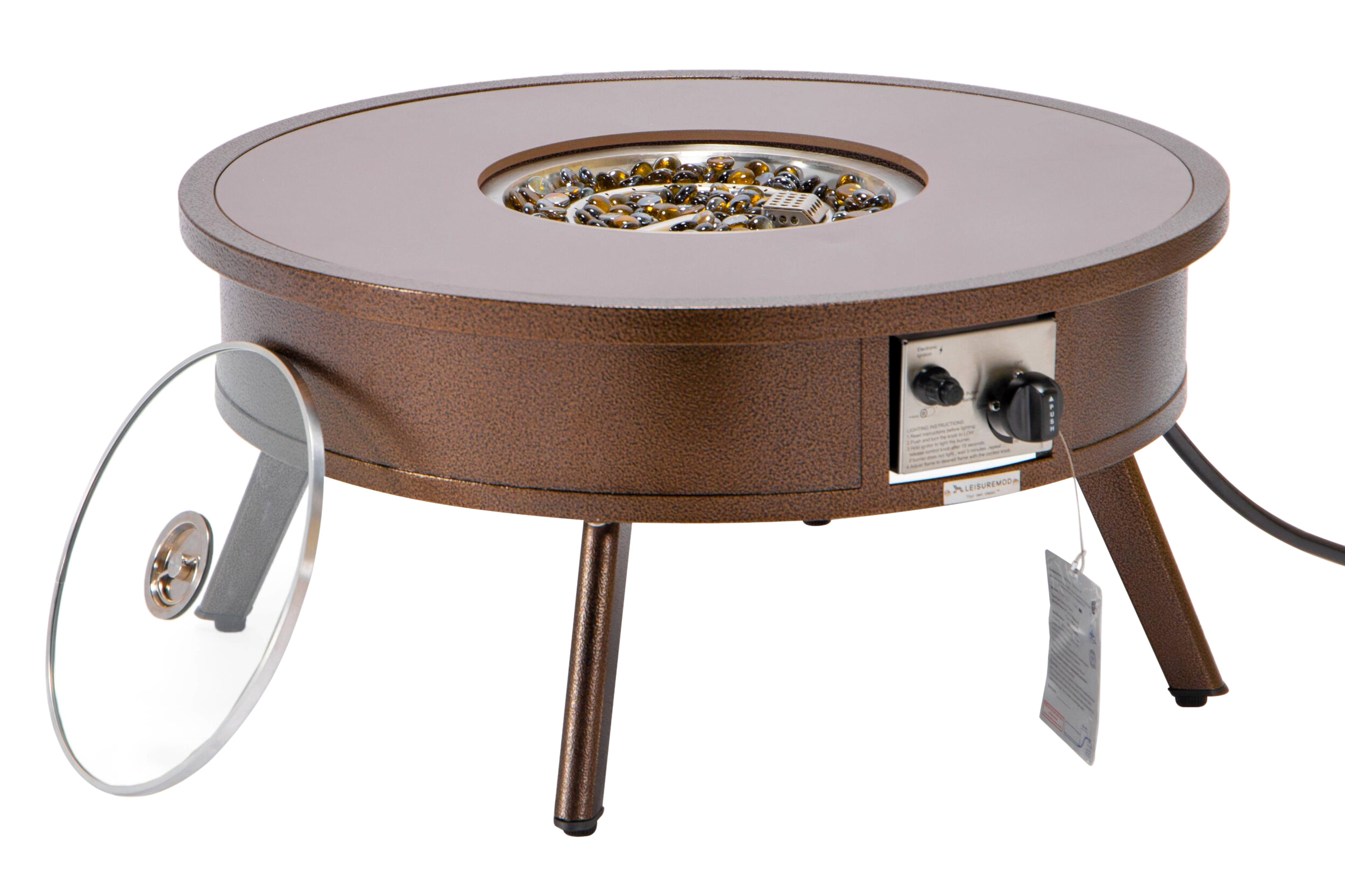 LeisureMod Walbrooke Modern Outdoor Round Fire Pit Table with Powder-Coated Aluminum Frame - Brown