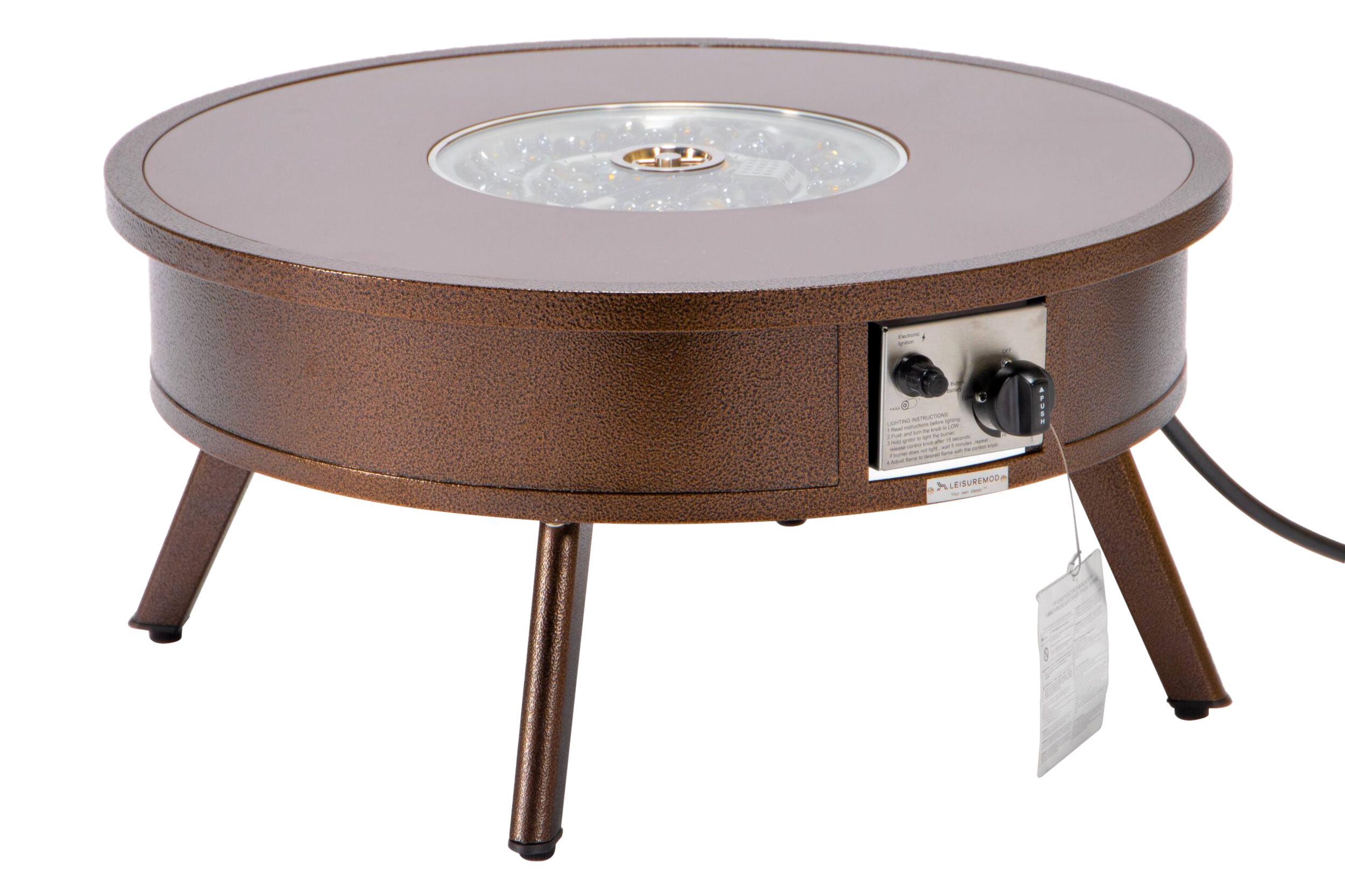 LeisureMod Walbrooke Modern Outdoor Round Fire Pit Table with Powder-Coated Aluminum Frame - Brown