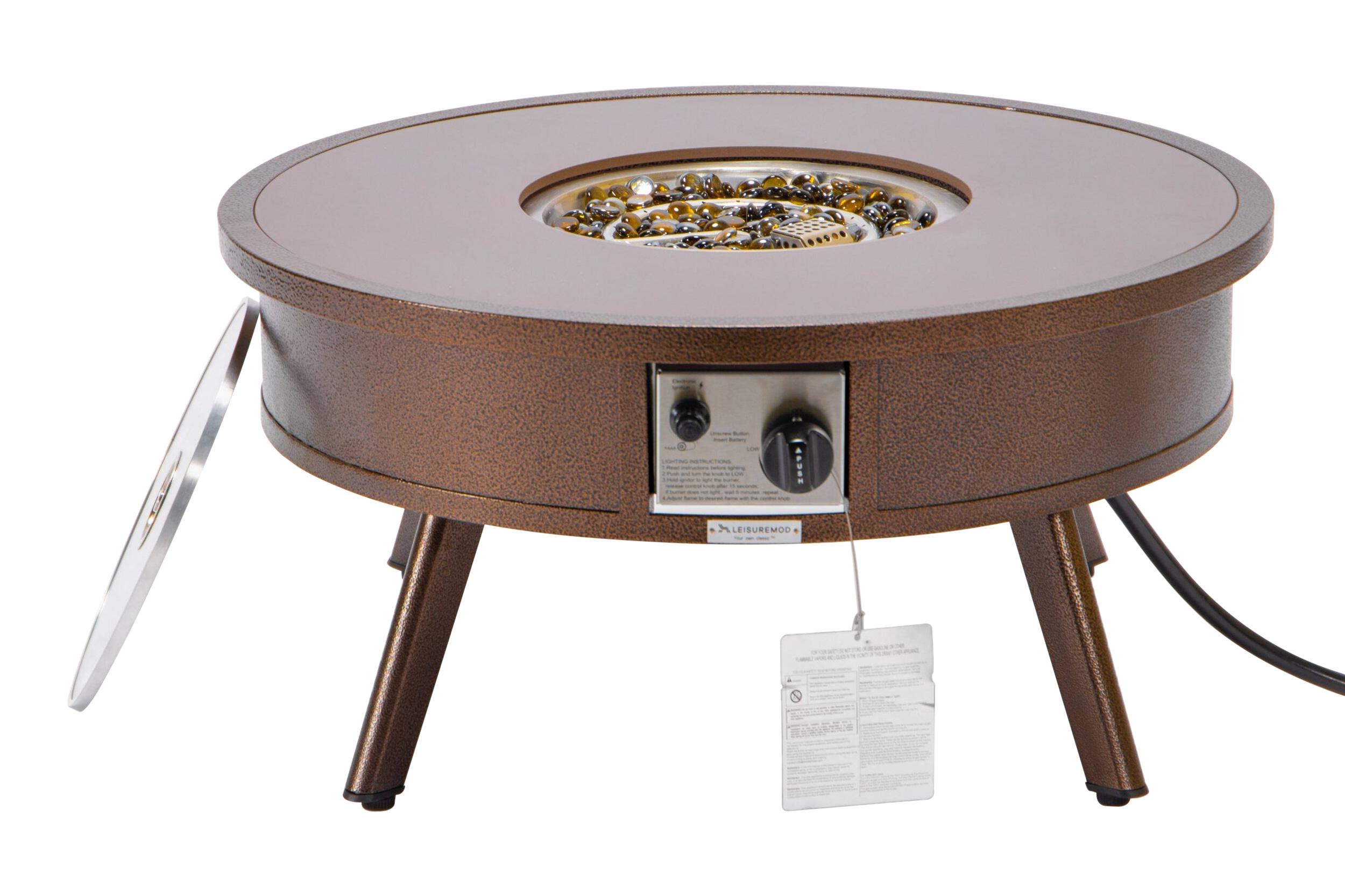 LeisureMod Walbrooke Modern Outdoor Round Fire Pit Table with Powder-Coated Aluminum Frame - Brown