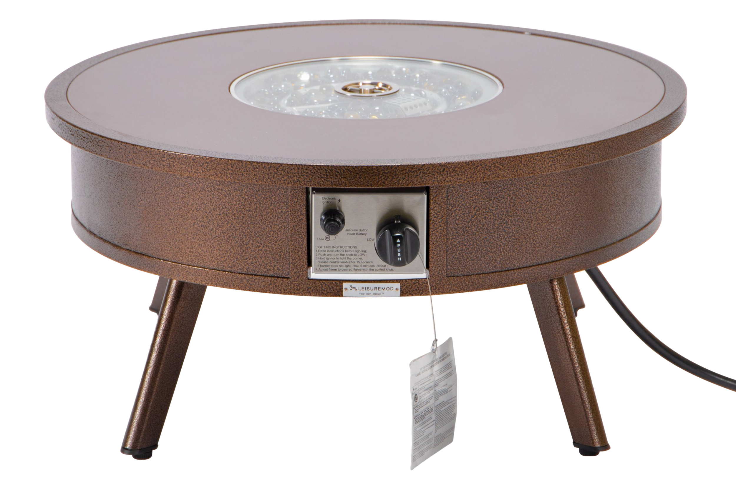 LeisureMod Walbrooke Modern Outdoor Round Fire Pit Table with Powder-Coated Aluminum Frame - Brown