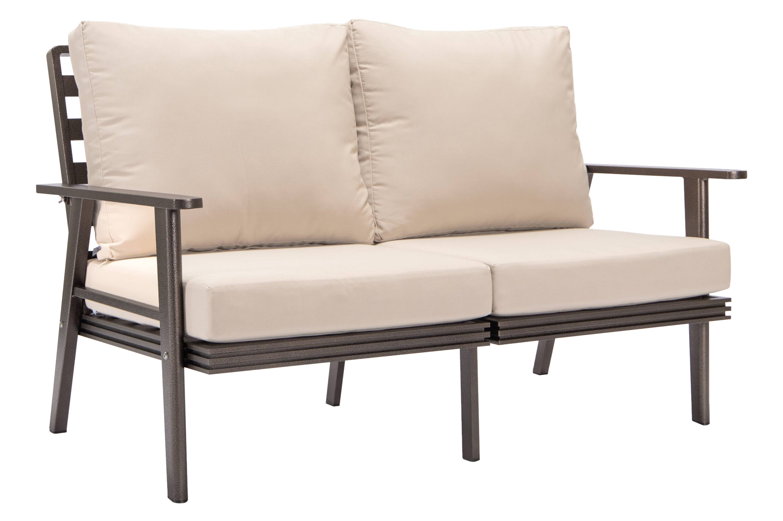 LeisureMod Walbrooke Modern Outdoor Patio Loveseat with Brown Aluminum Frame and Removable Cushions