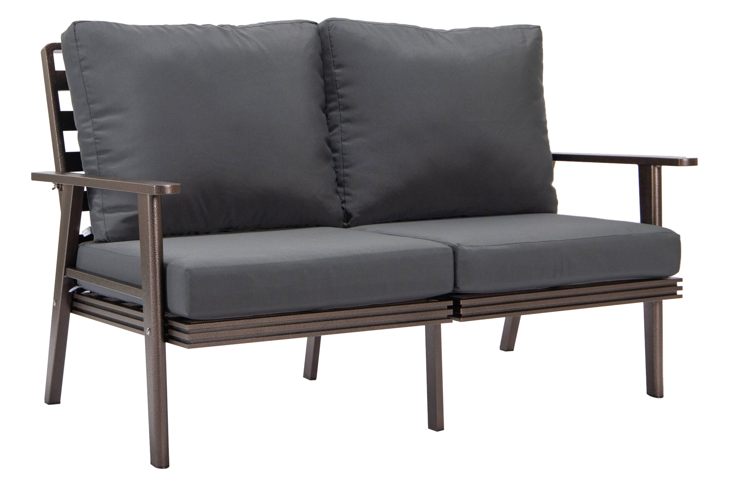 LeisureMod Walbrooke Modern Outdoor Patio Loveseat with Brown Aluminum Frame and Removable Cushions