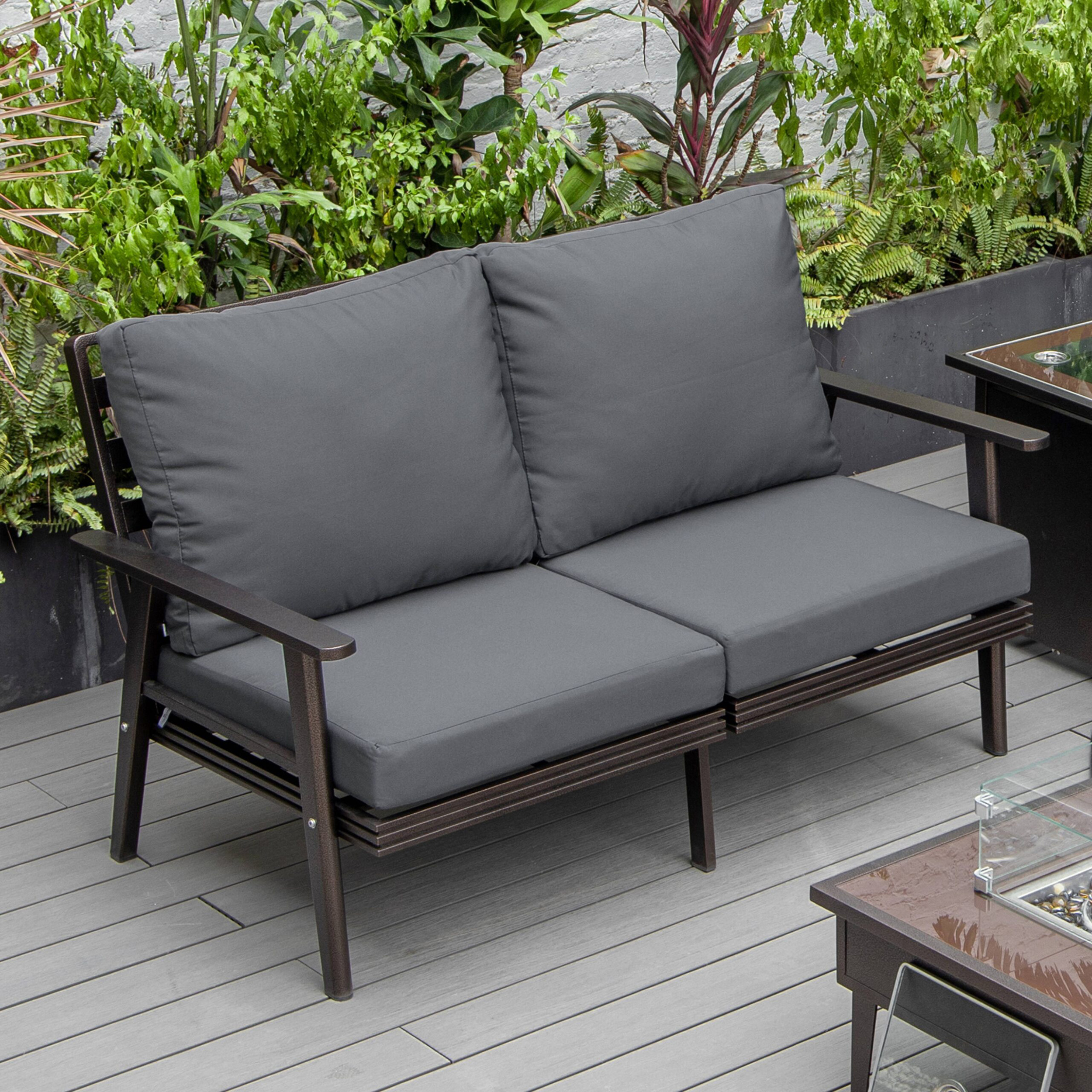 LeisureMod Walbrooke Modern Outdoor Patio Loveseat with Brown Aluminum Frame and Removable Cushions - Charcoal