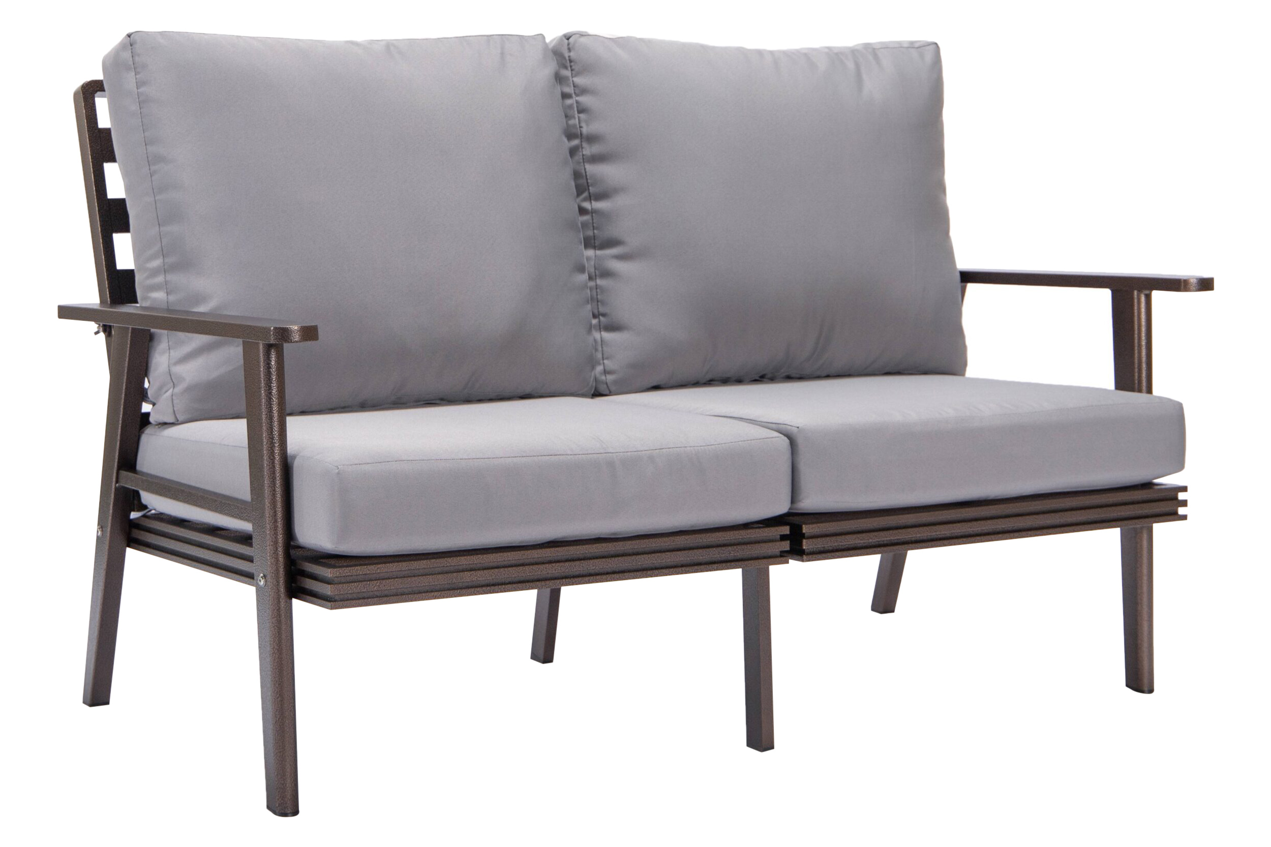 LeisureMod Walbrooke Modern Outdoor Patio Loveseat with Brown Aluminum Frame and Removable Cushions