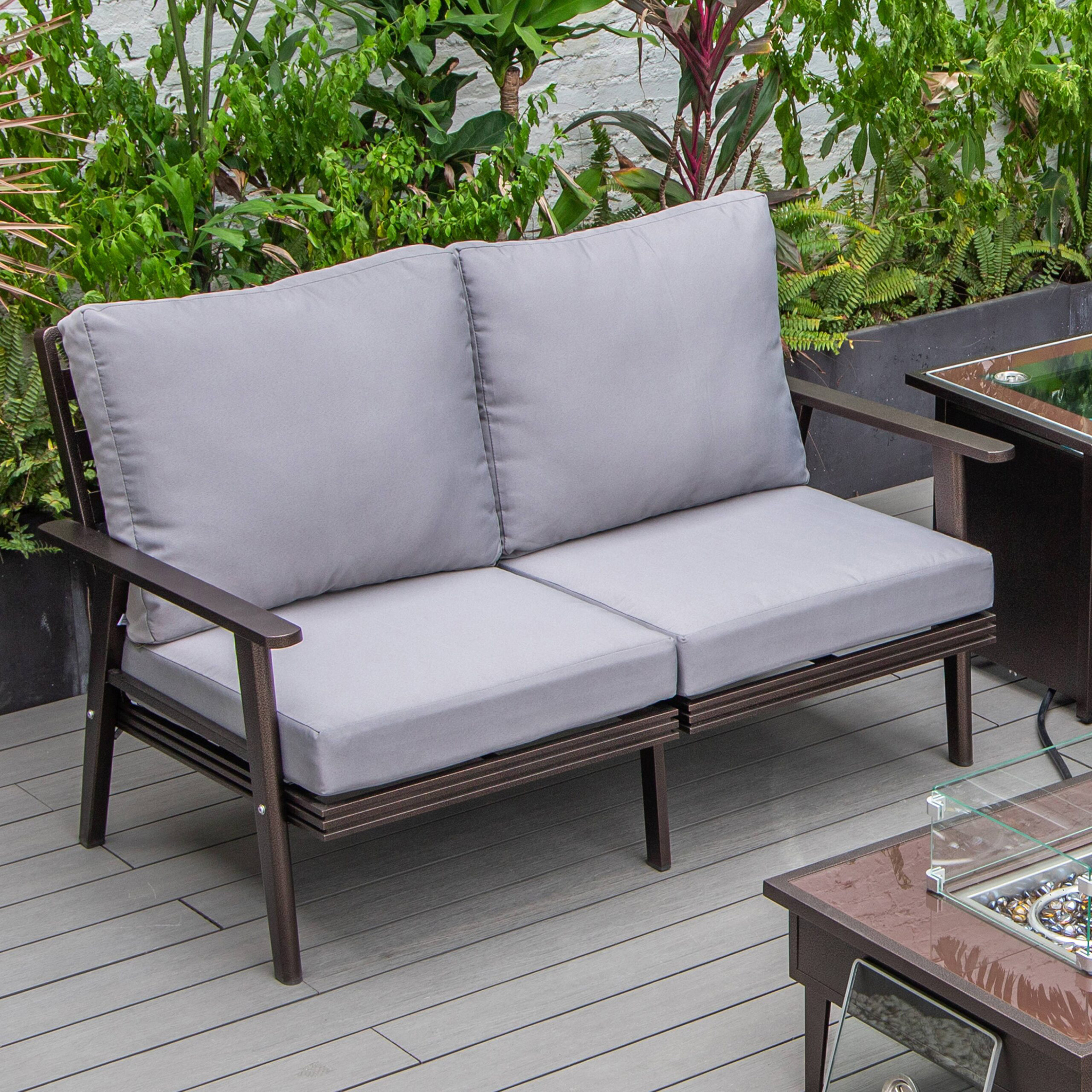 LeisureMod Walbrooke Modern Outdoor Patio Loveseat with Brown Aluminum Frame and Removable Cushions - Gray