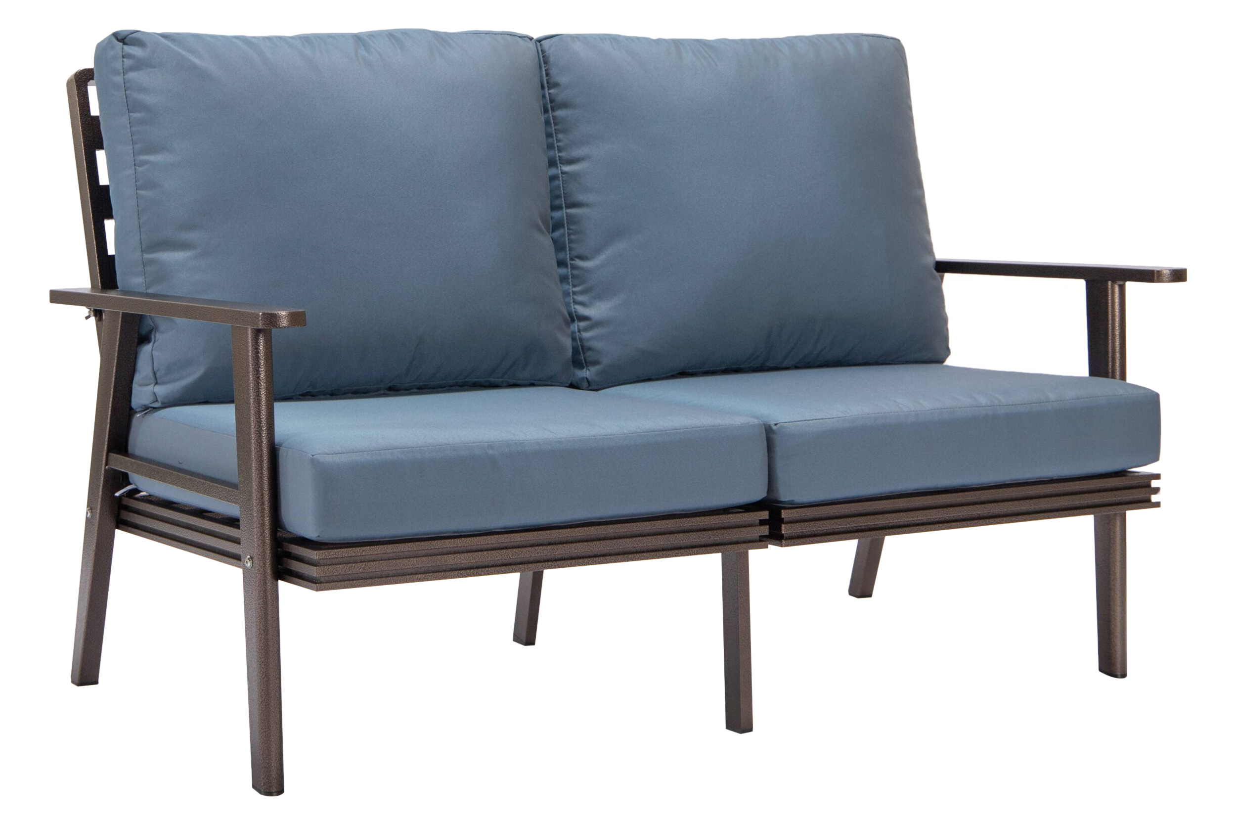 LeisureMod Walbrooke Modern Outdoor Patio Loveseat with Brown Aluminum Frame and Removable Cushions