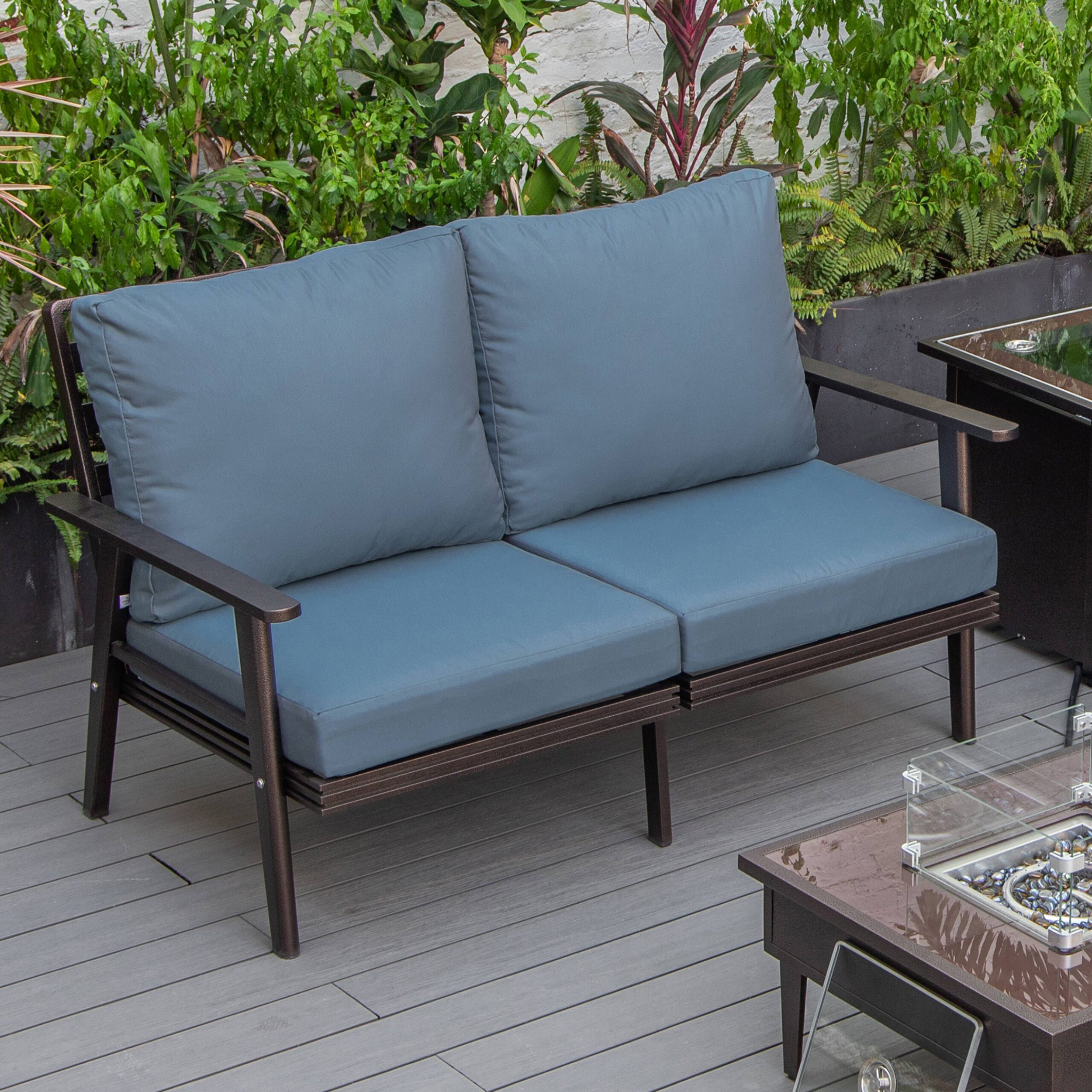 LeisureMod Walbrooke Modern Outdoor Patio Loveseat with Brown Aluminum Frame and Removable Cushions - Navy Blue