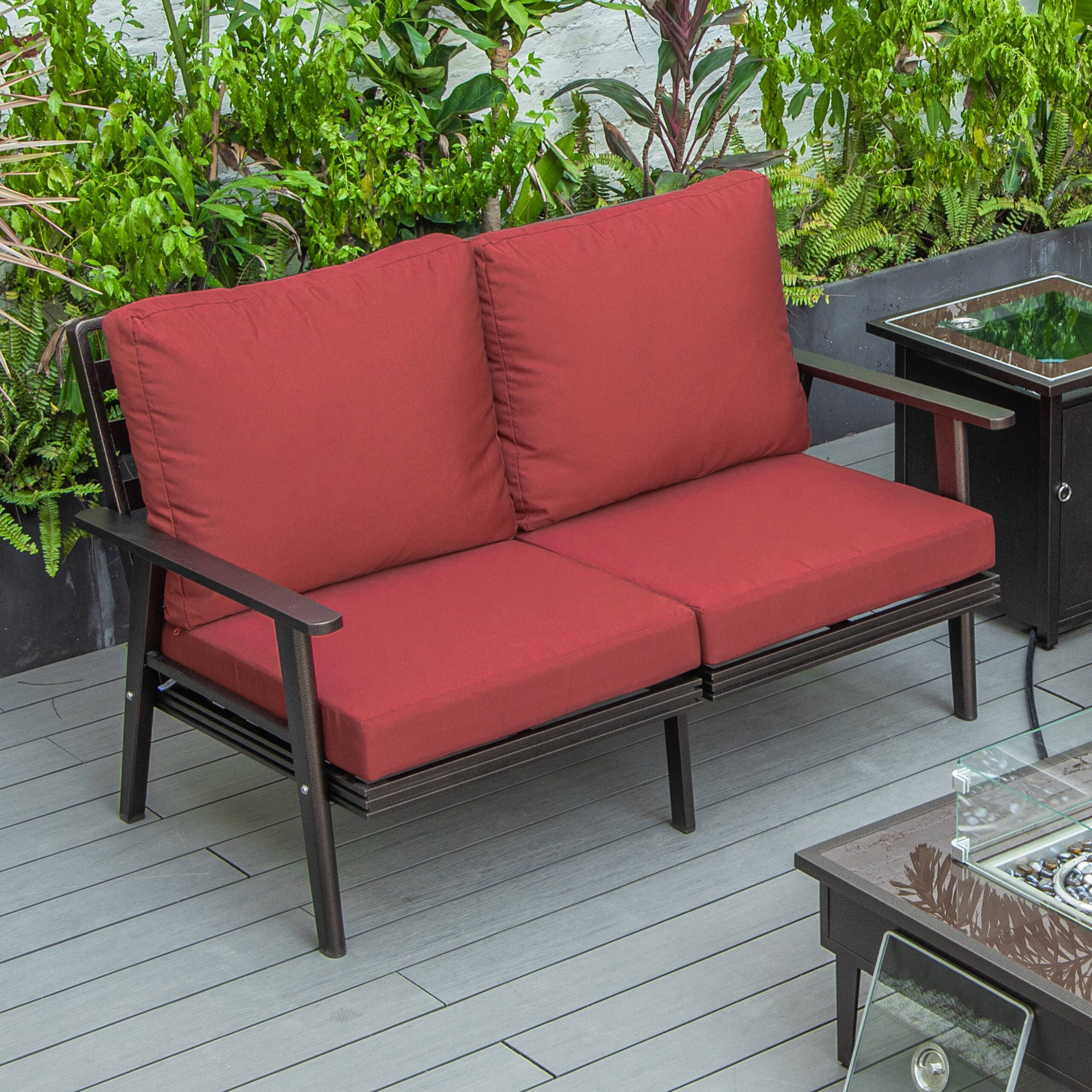 LeisureMod Walbrooke Modern Outdoor Patio Loveseat with Brown Aluminum Frame and Removable Cushions - Red