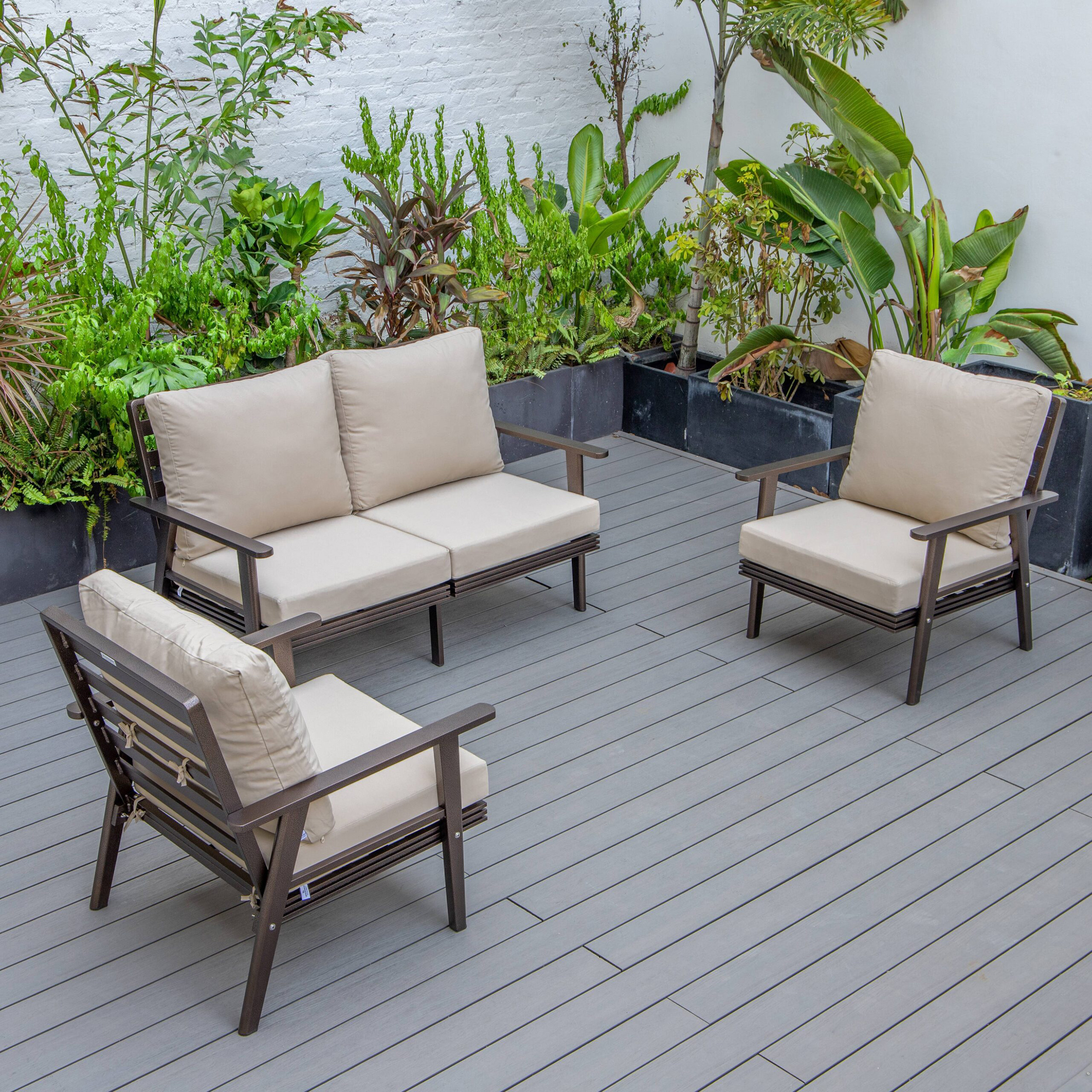 LeisureMod Walbrooke Modern 3-Piece Outdoor Patio Set with Brown Aluminum Frame - Beige