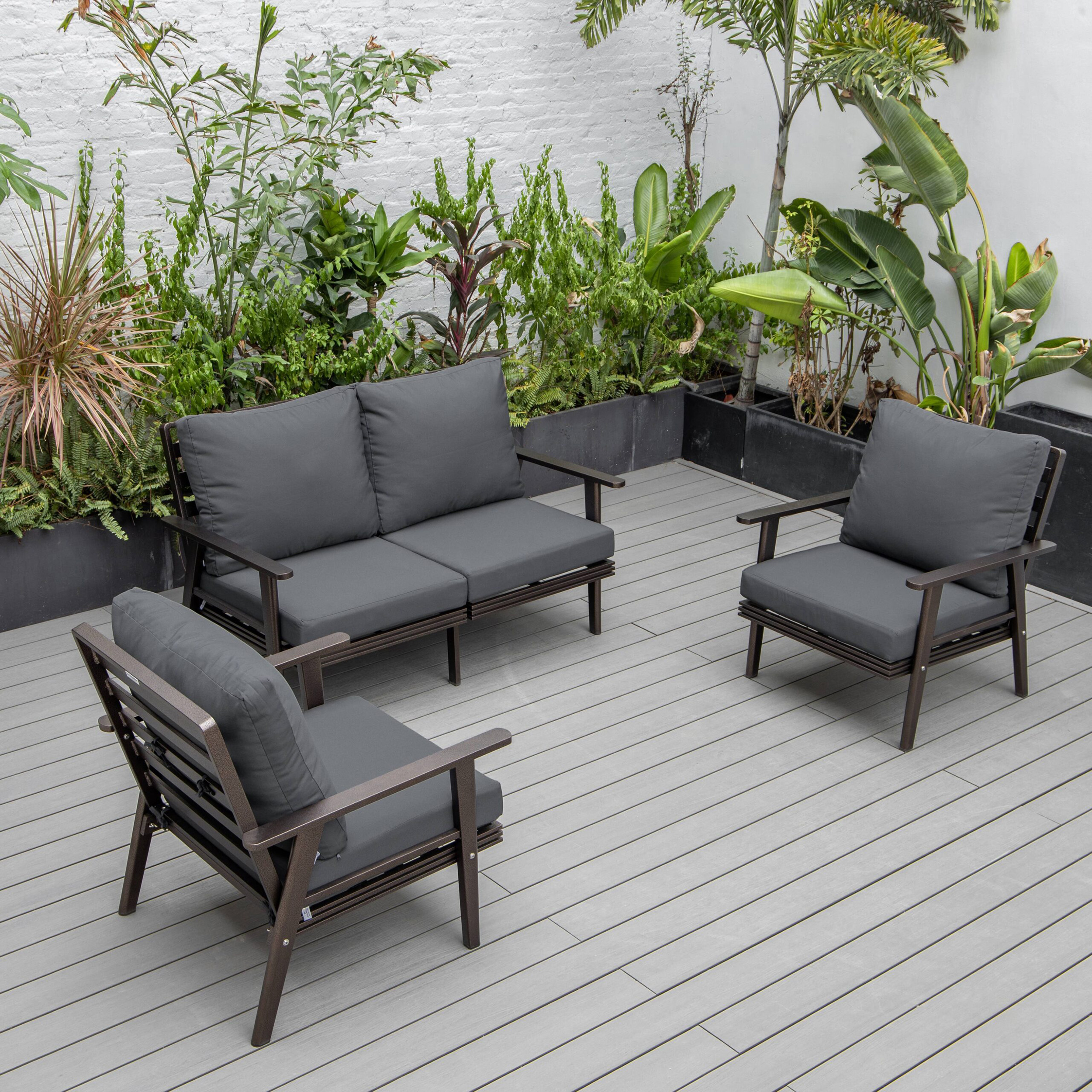 LeisureMod Walbrooke Modern 3-Piece Outdoor Patio Set with Brown Aluminum Frame - Charcoal