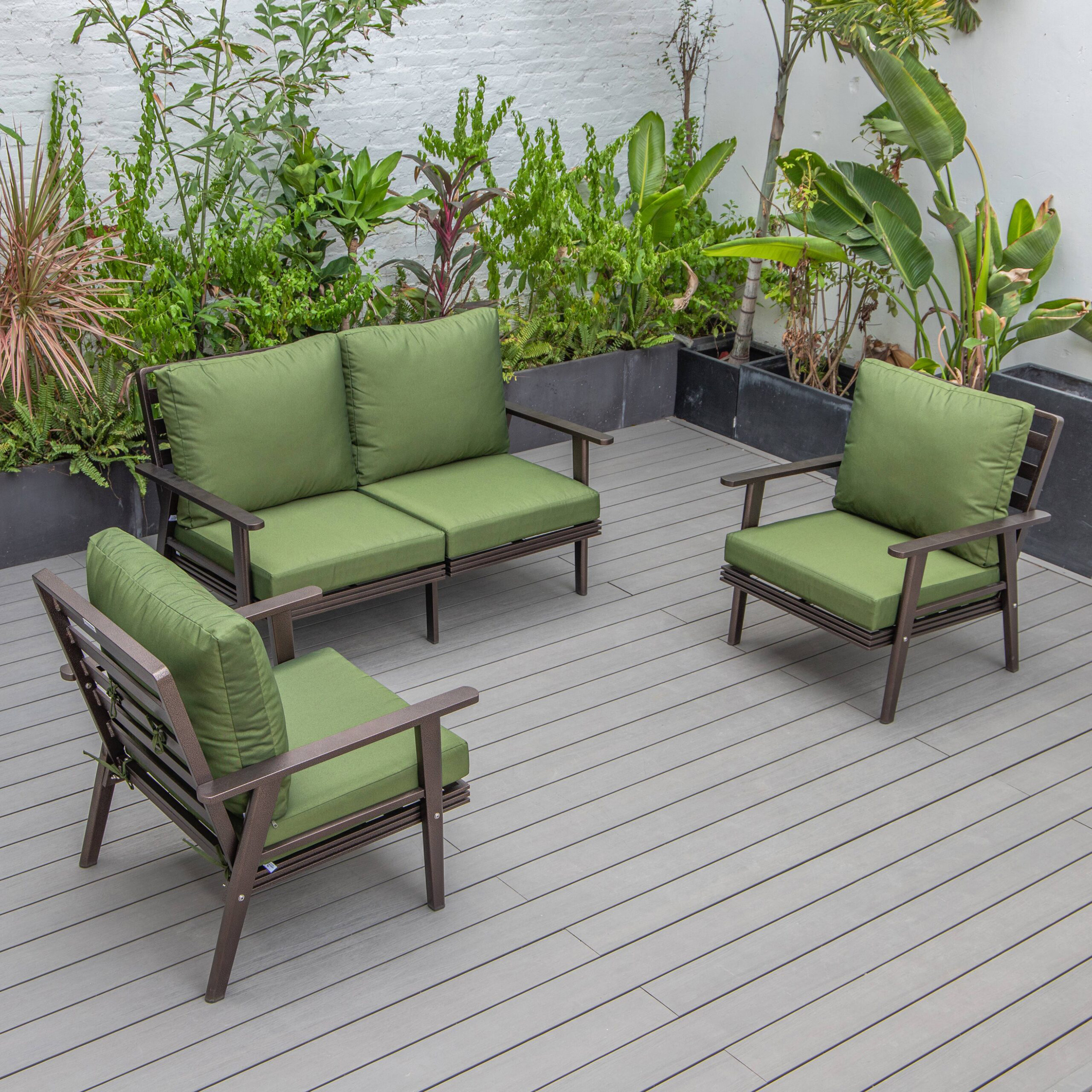 LeisureMod Walbrooke Modern 3-Piece Outdoor Patio Set with Brown Aluminum Frame - Green